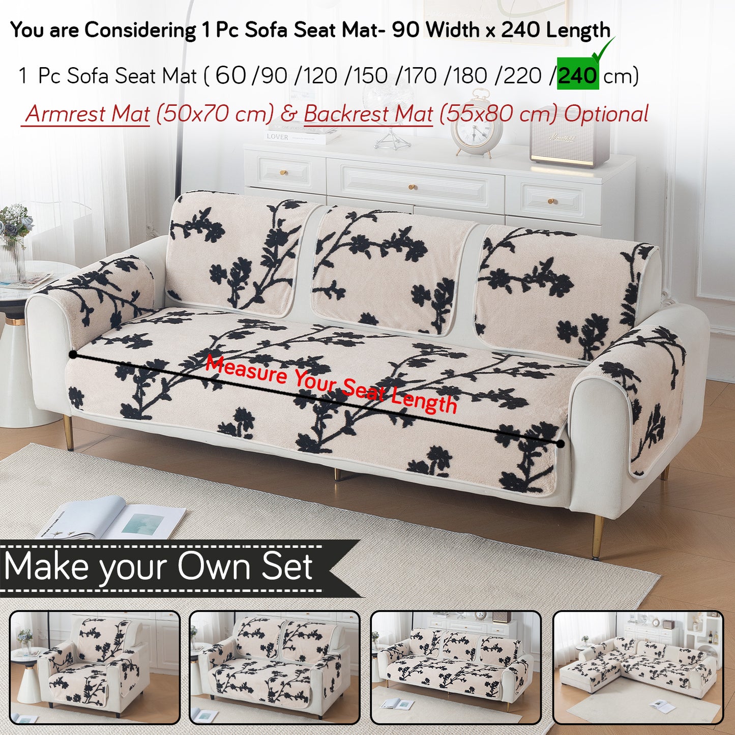 Luxury Plush Sherpa Anti-Slip Sofa Cover Mat, 'Noirea Series'| Botanical Vine