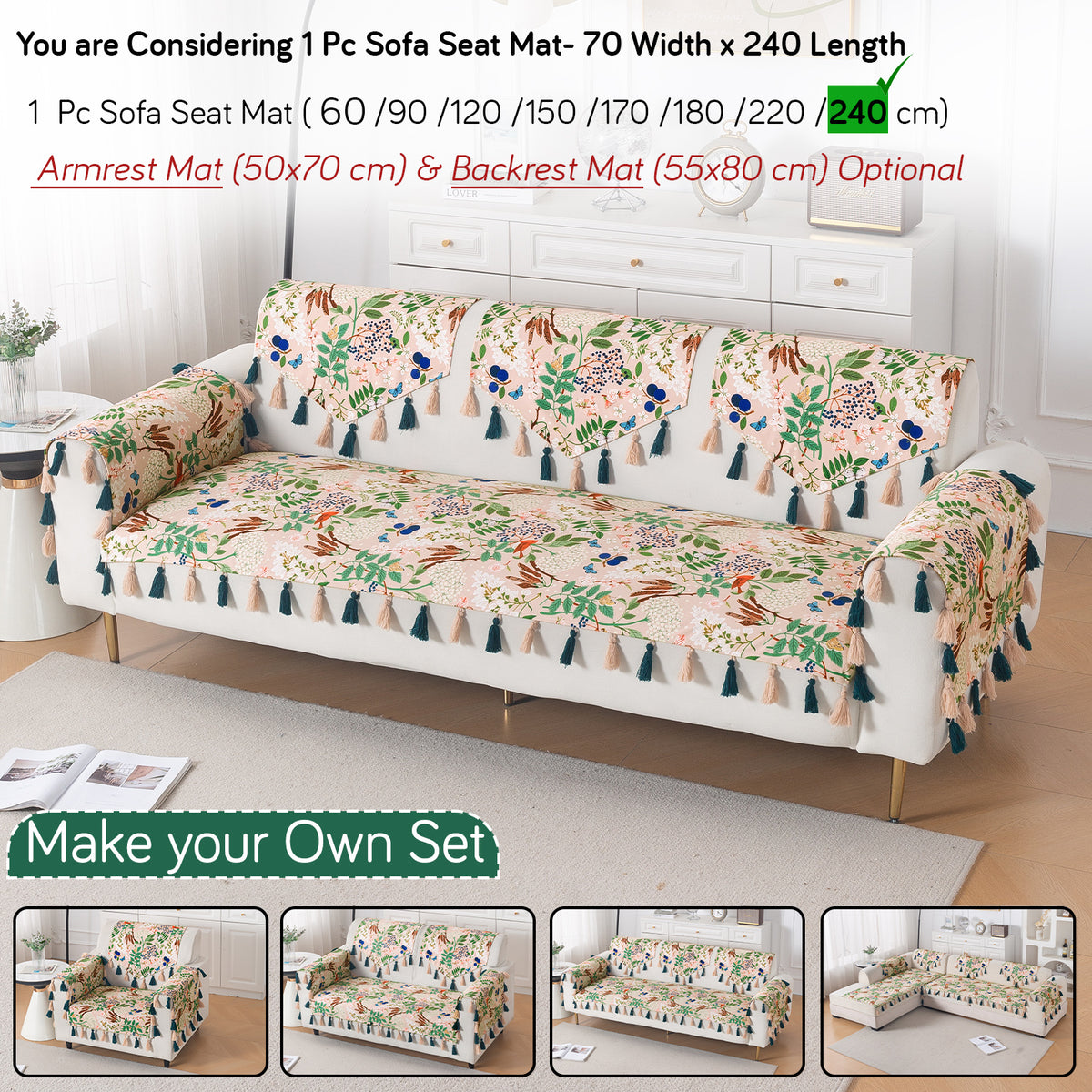 'Whispers of Nature' Series Holland Velvet Sofa Mat with Tassel, Beige Woodland Bloom