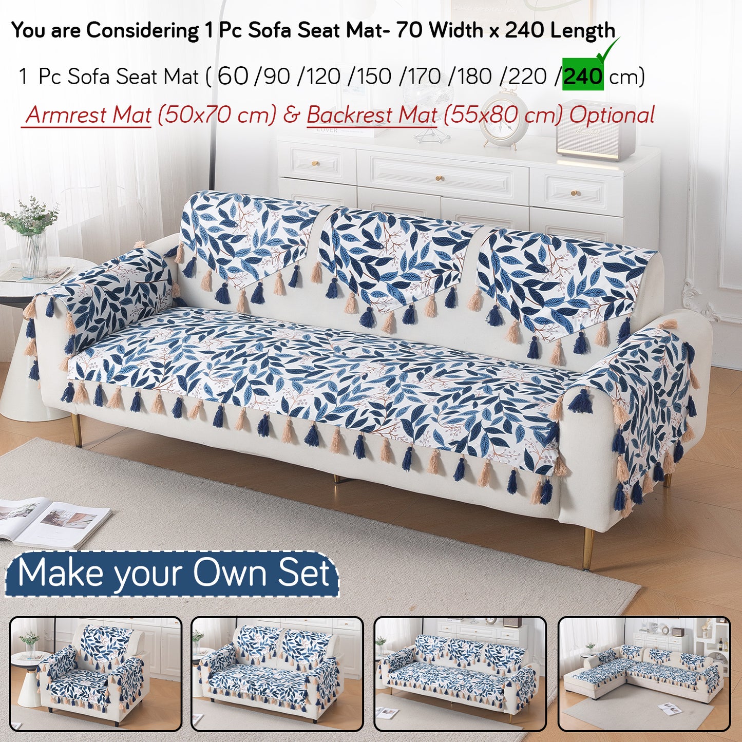 'Whispers of Nature' Series Holland Velvet Sofa Mat with Tassel, Indigo Foliage