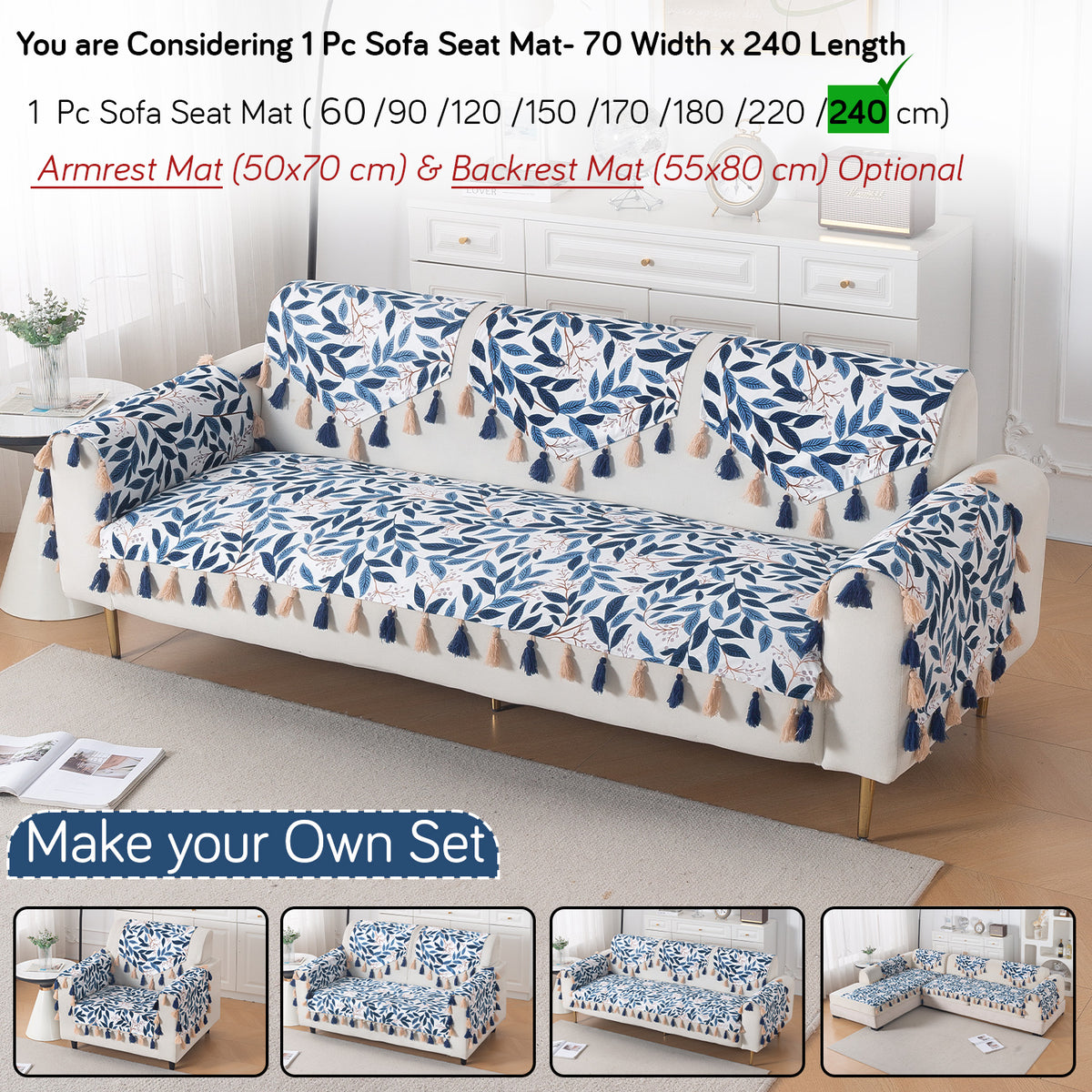 'Whispers of Nature' Series Holland Velvet Sofa Mat with Tassel, Indigo Foliage