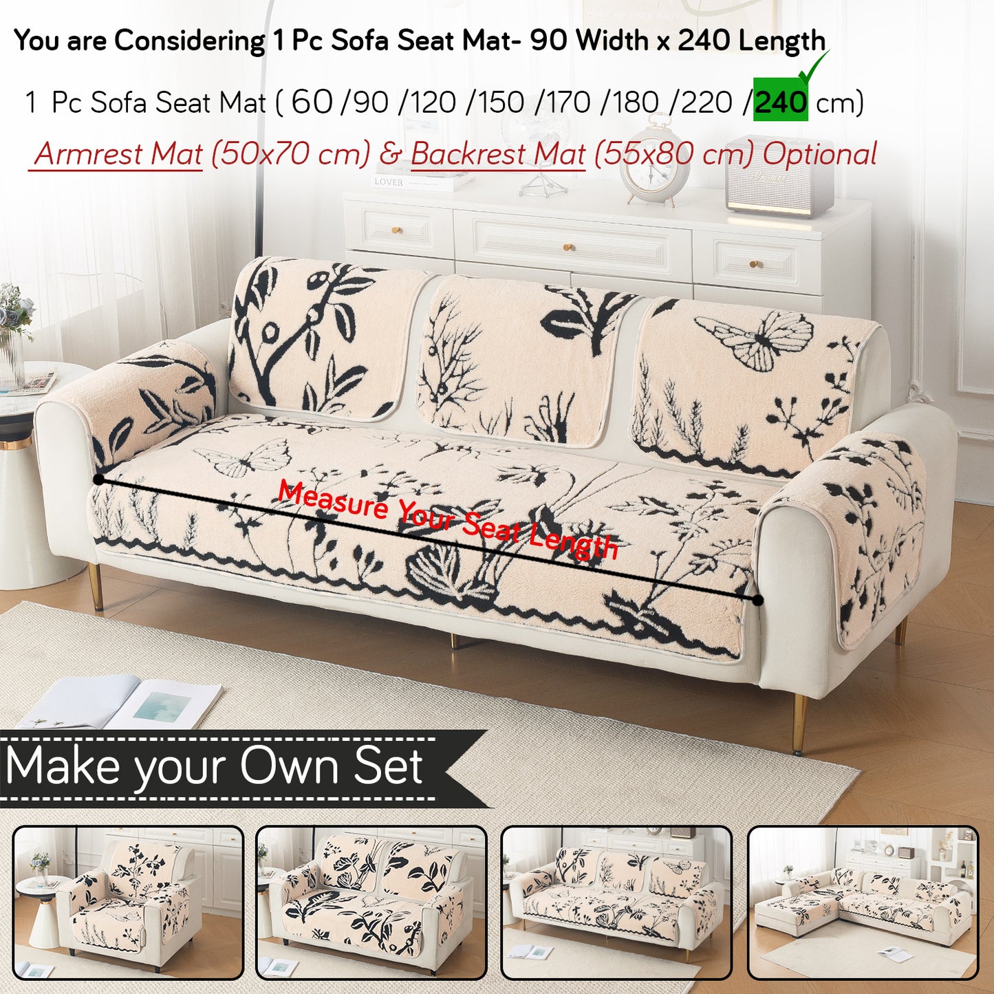 Luxury Plush Sherpa Anti-Slip Sofa Cover Mat, 'Noirea Series'| Butterfly Garden