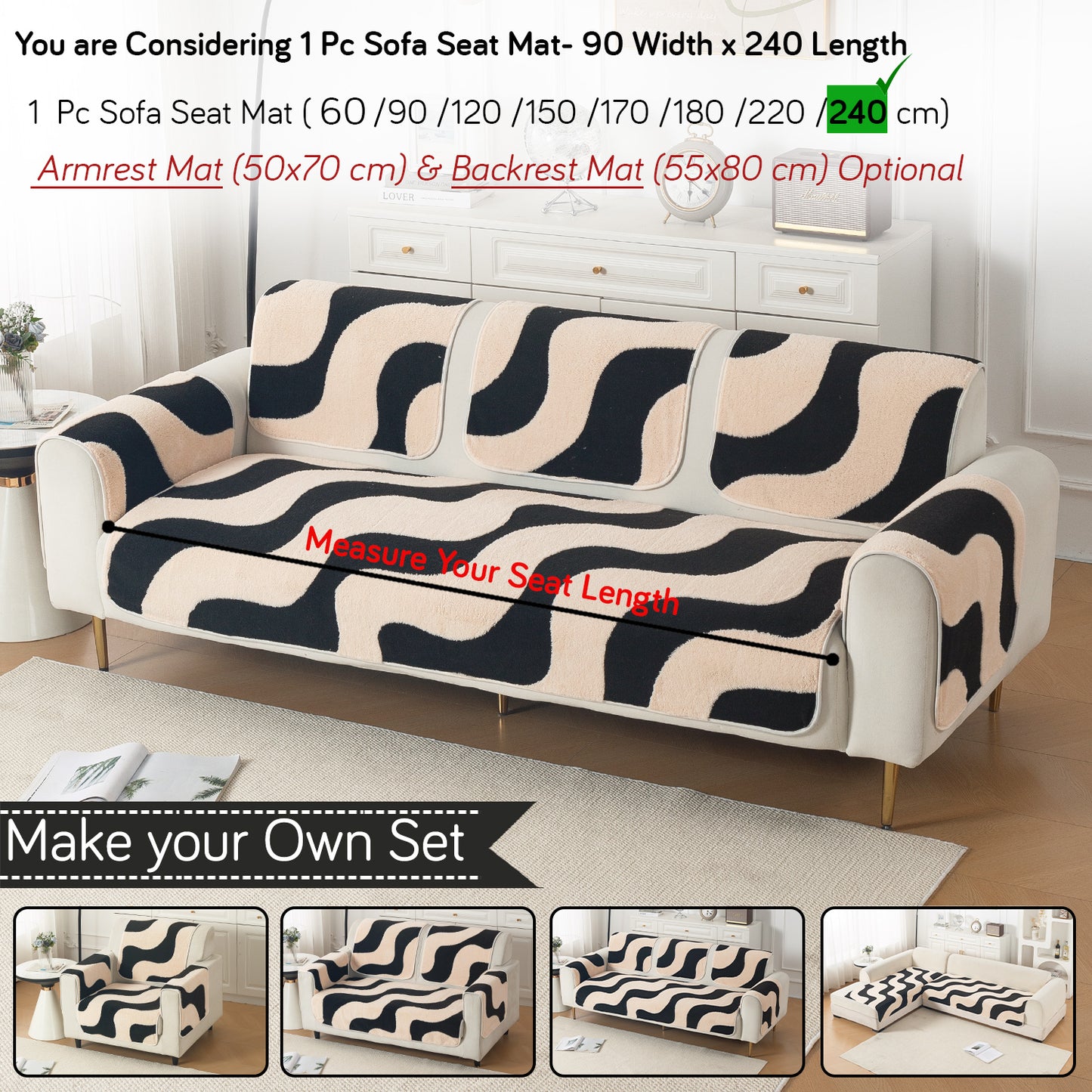Luxury Plush Sherpa Anti-Slip Sofa Cover Mat, 'Noirea Series'| Wavy Stripe