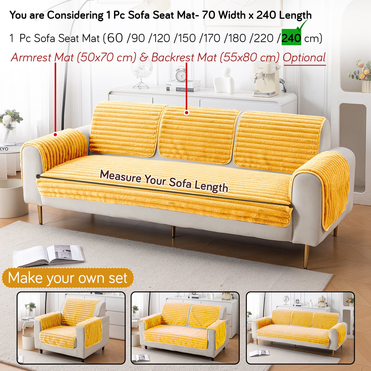 Faux Rabbit Fur Plush Anti-Slip Sofa Mat |Snuggle Fur Mustard Yellow
