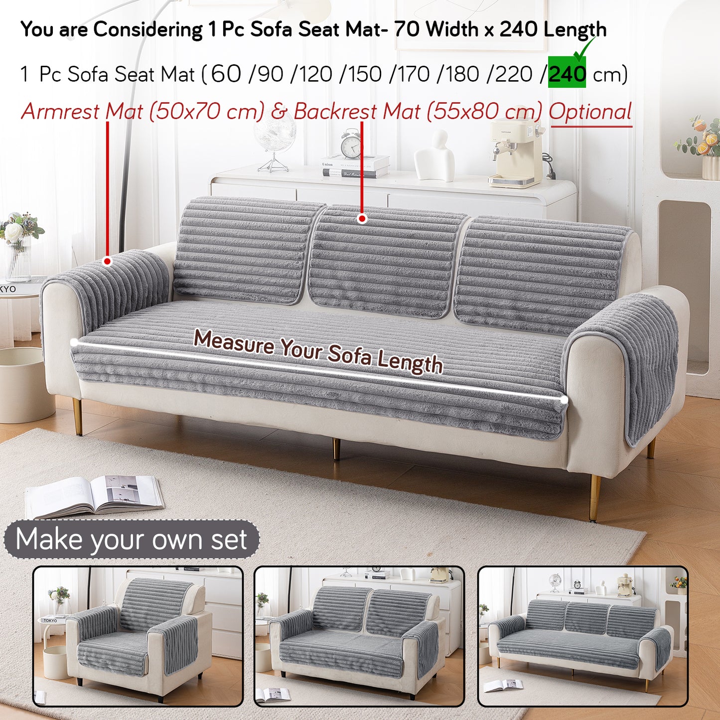 Faux Rabbit Fur Plush Anti-Slip Sofa Mat |Snuggle Fur Grey