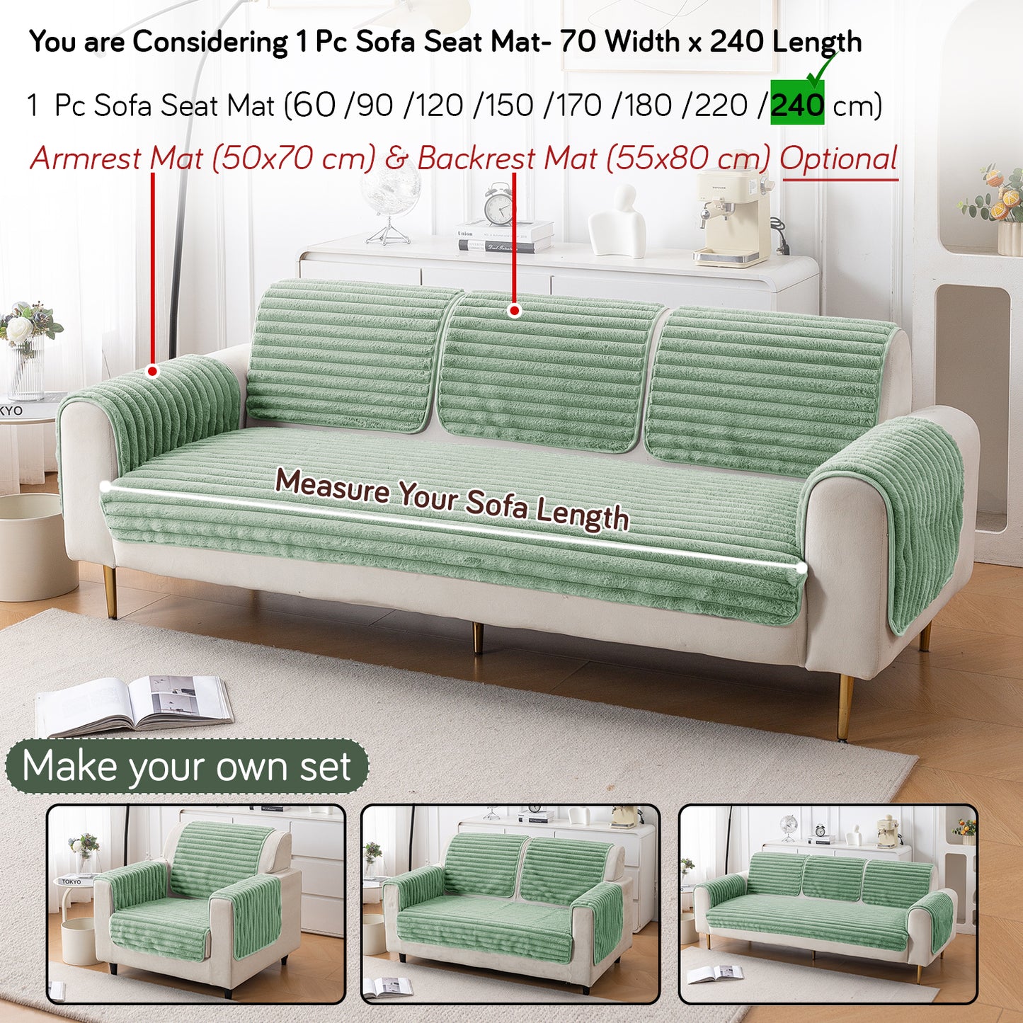 Faux Rabbit Fur Plush Anti-Slip Sofa Mat |Snuggle Fur Sage Green