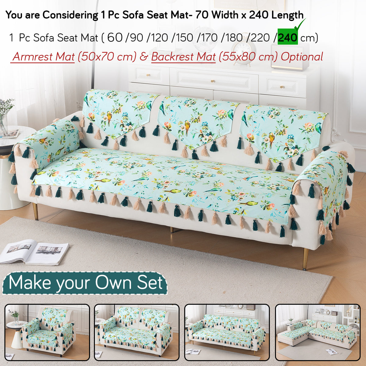 'Whispers of Nature' Series Holland Velvet Sofa Mat with Tassel, Mint Birdsong Blossom