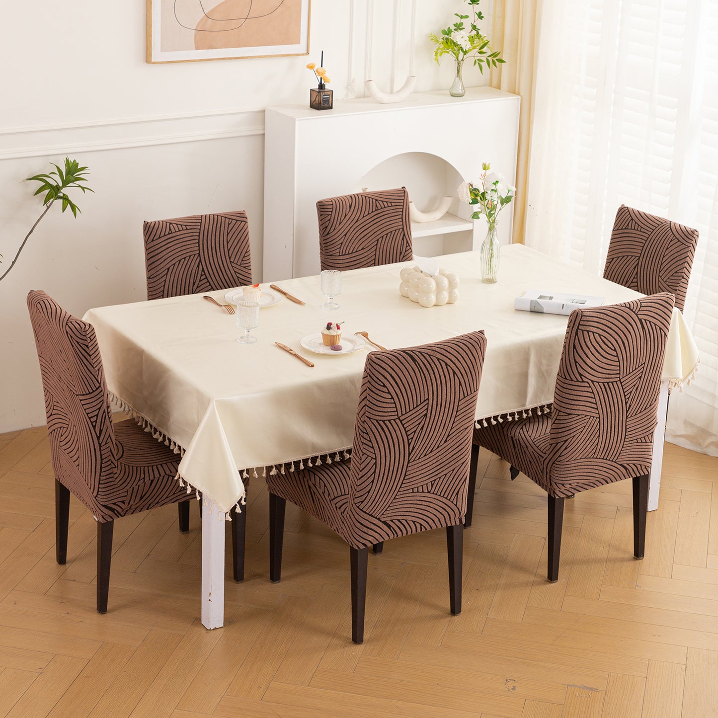 WaveLine Series 180 GSM Jacquard Chair Cover Set of 1/2/4/6, Rust Brown