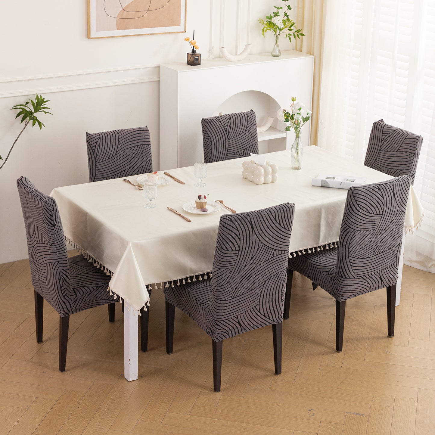 WaveLine Series 180 GSM Jacquard Chair Cover Set of 1/2/4/6, Charcoal Grey