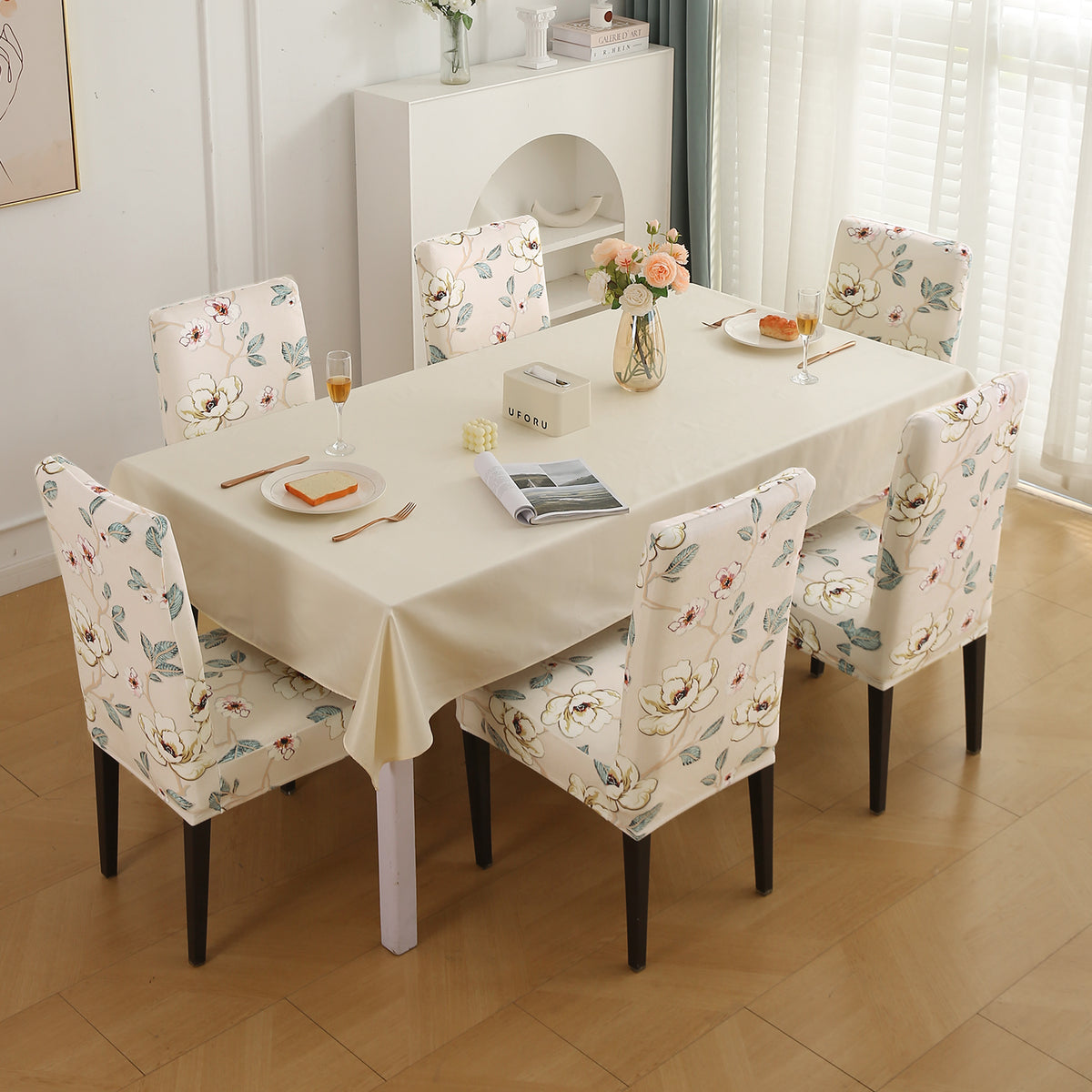 Premium Printed Velvet Dining Chair Cover Set, Buttercream Magnolia Whisper