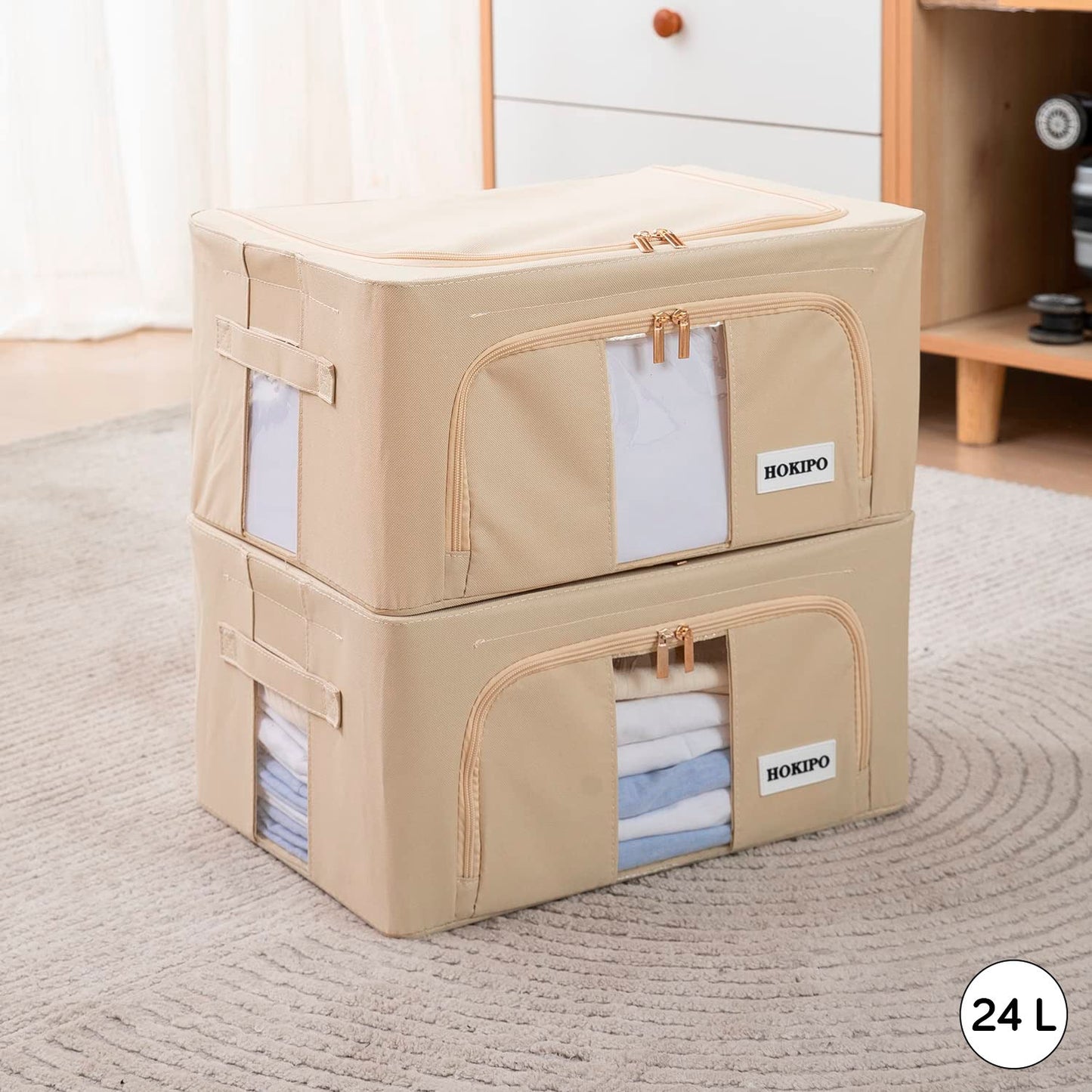 Wardrobe Organizer Underbed Storage Zippered Cloth Box, 24 ltr / 44 ltr / 66 ltr / 88 ltr, Beige