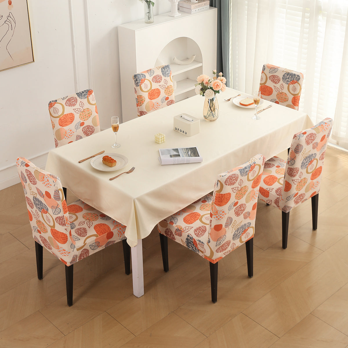 Premium Printed Velvet Dining Chair Cover Set, Coral Autumn Leaves