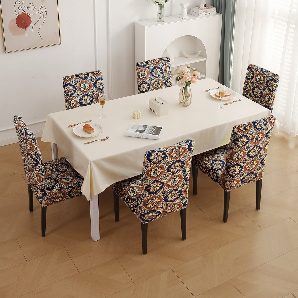 Premium Printed Velvet Dining Chair Cover Set, Indigo Moroccan Charm
