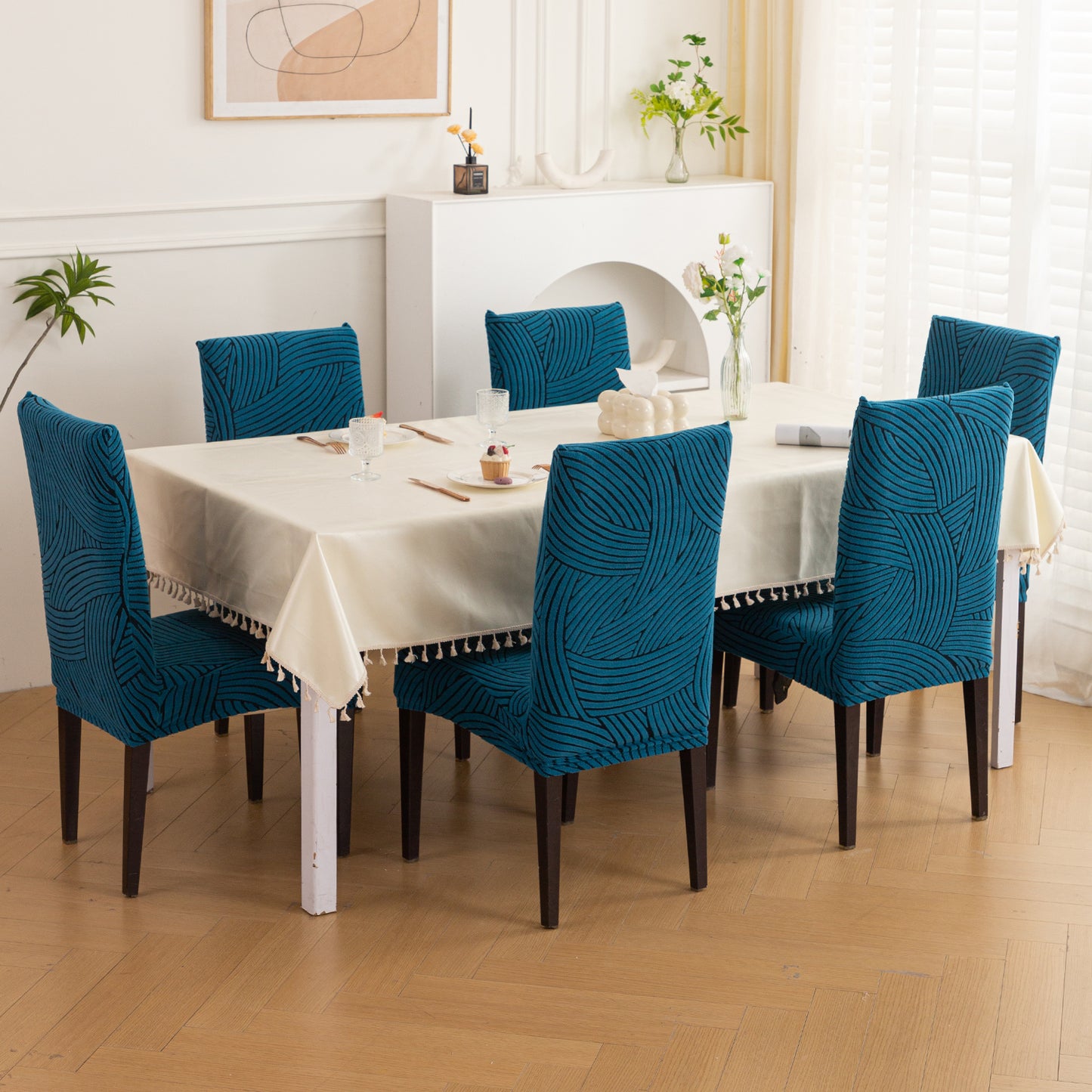 WaveLine Series 180 GSM Jacquard Chair Cover Set of 1/2/4/6, Teal Green