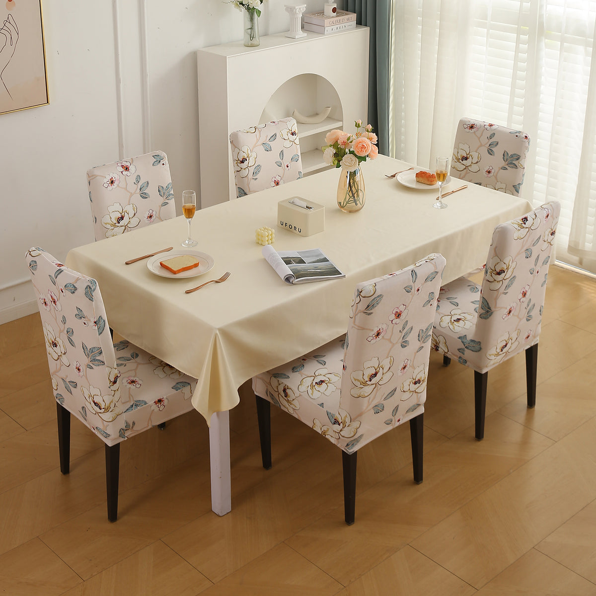 Premium Printed Velvet Dining Chair Cover Set, Buttercream Magnolia Whisper