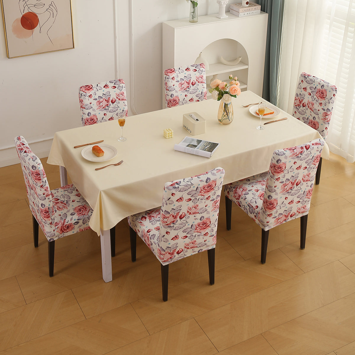 Premium Printed Velvet Dining Chair Cover Set, Red Cottage Rose