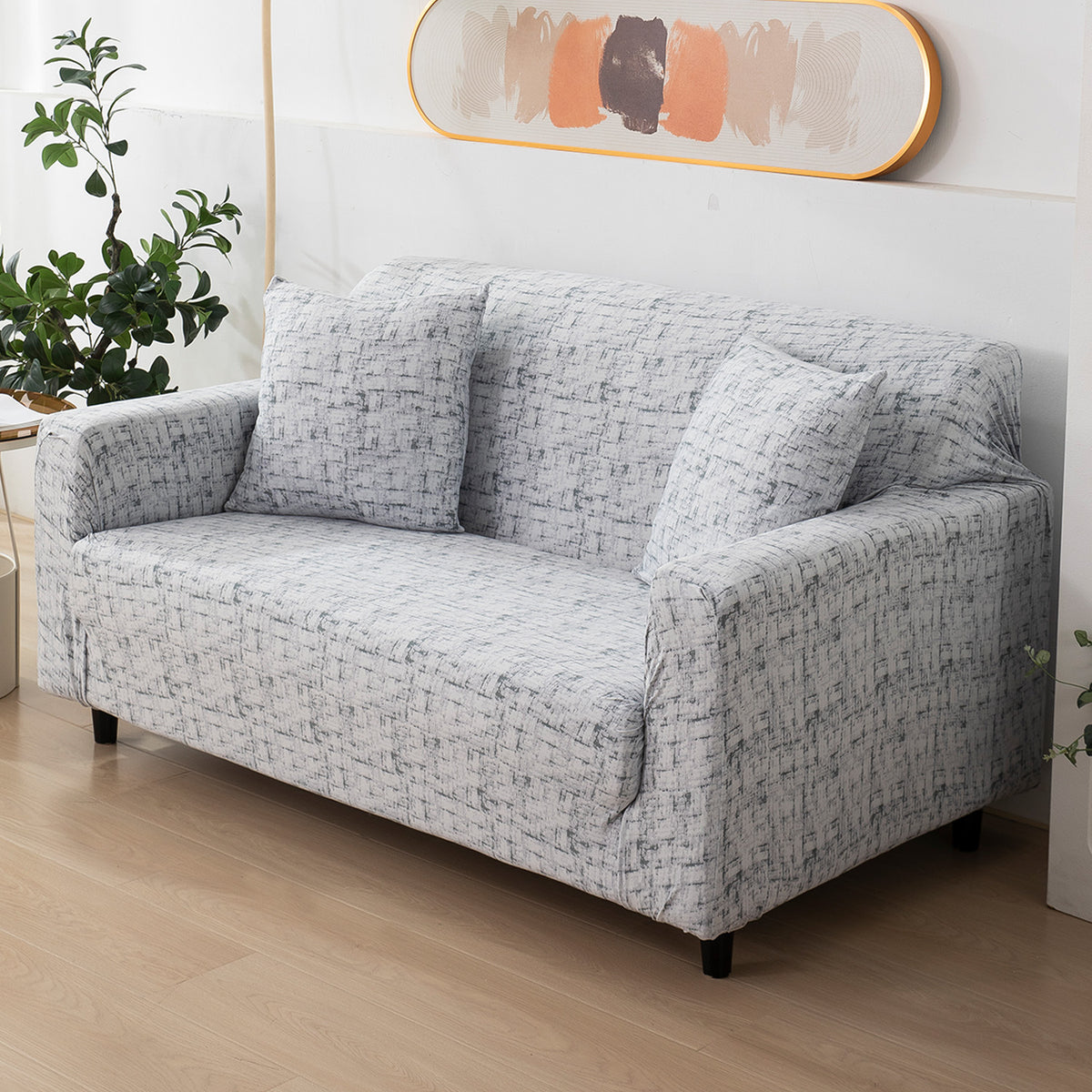 Abstract Grey Lines Printed non slip elastic 2 seater sofa cover