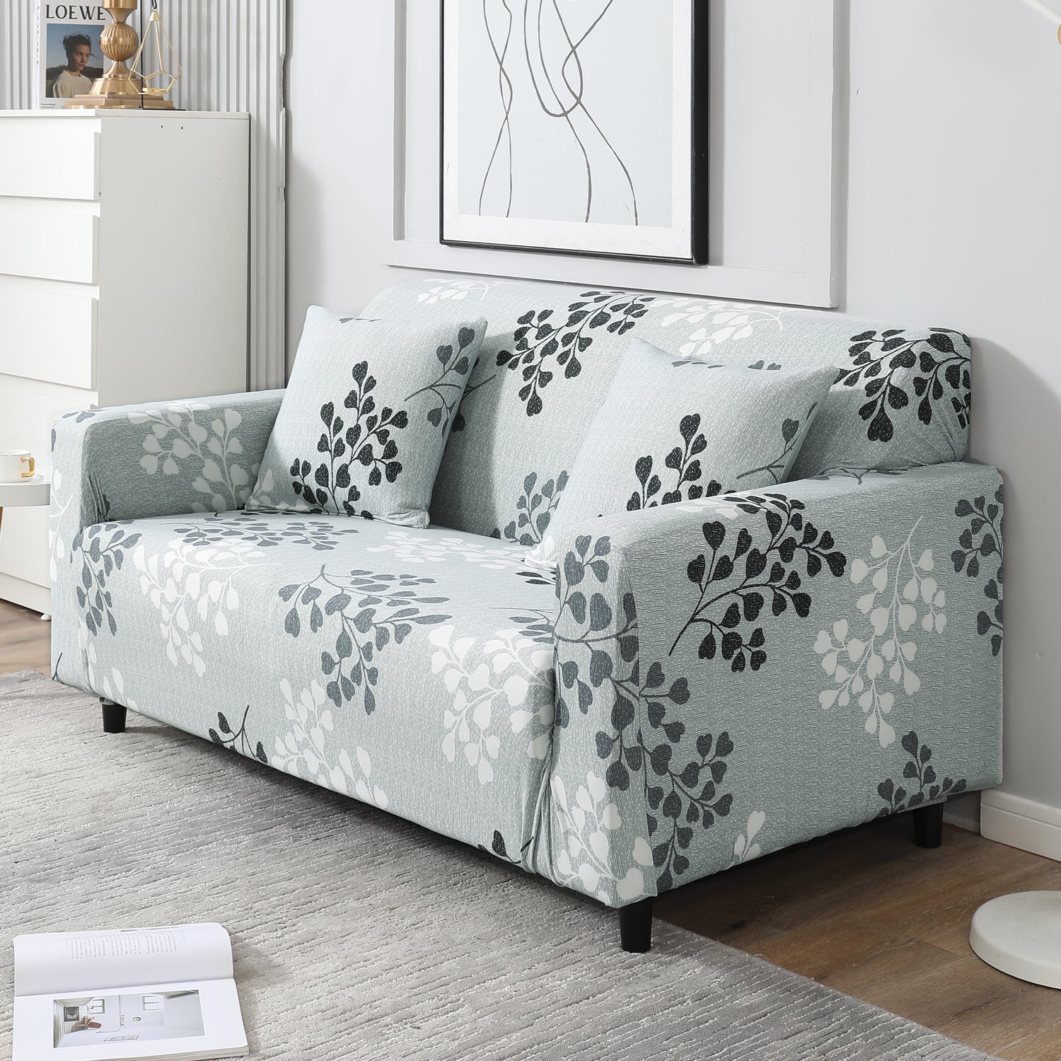 Grey Leaves Printed stretchable two seater sofa cover