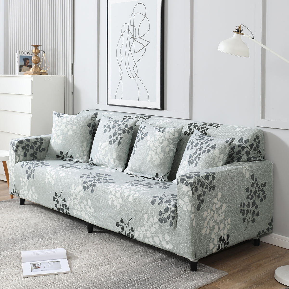 Grey Leaves Printed, non slip, Stretchable 4 seater sofa cover​s