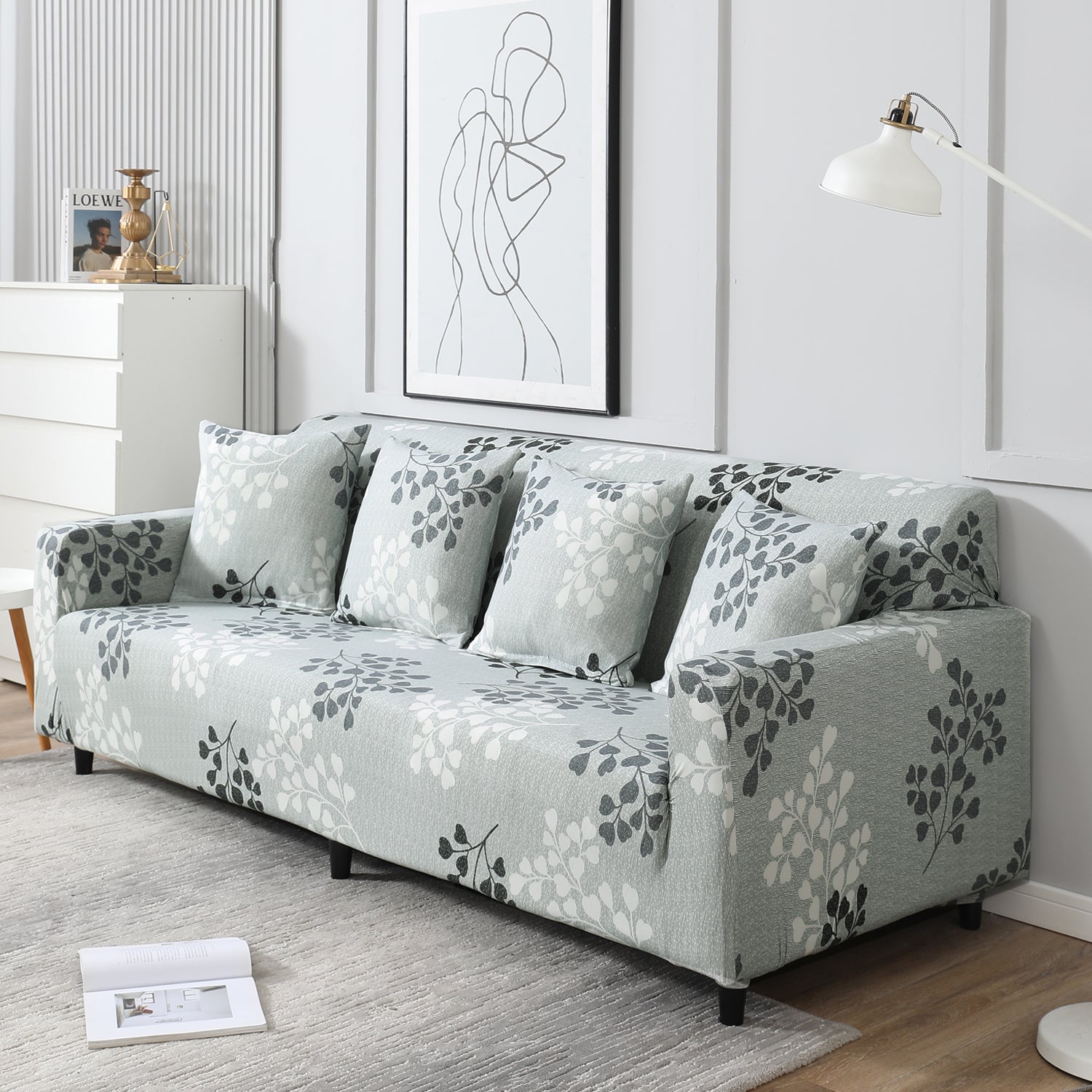 Grey Leaves Printed, non slip, Stretchable 4 seater sofa cover​s