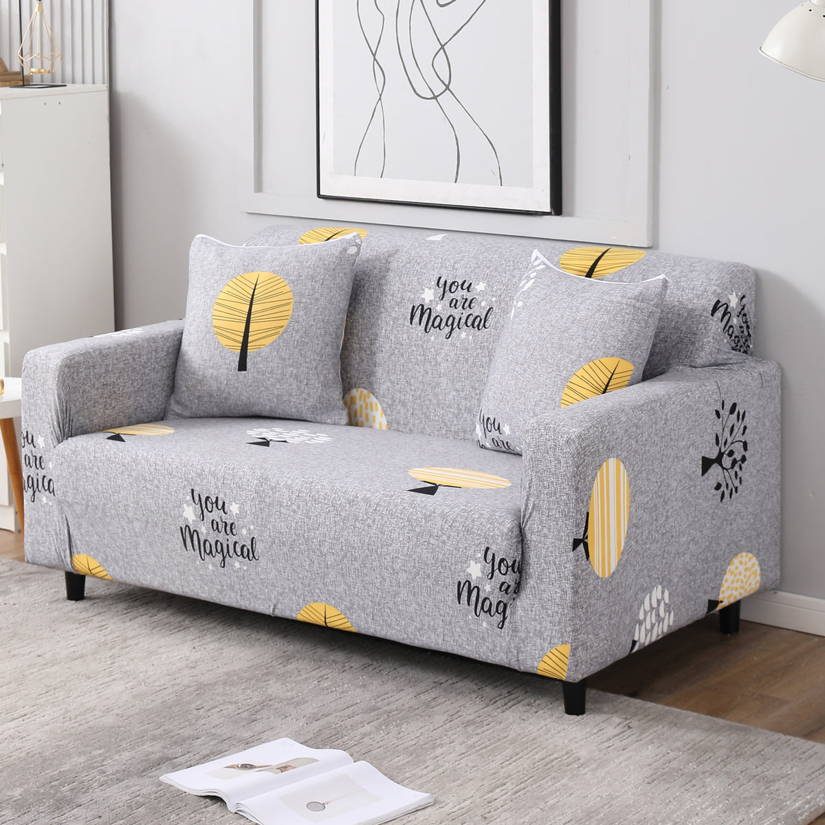 Grey Trees polyester non slip elastic 2 seater sofa cover