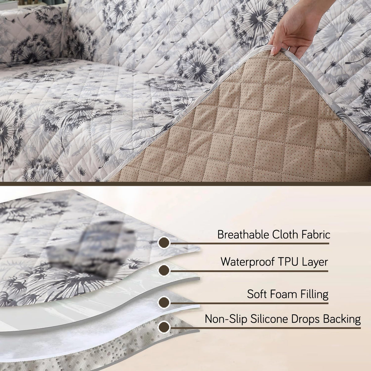 Quilted Waterproof Sofa Cover Mat with Pockets on Armrest Cover - Dandelion Anchor Grey