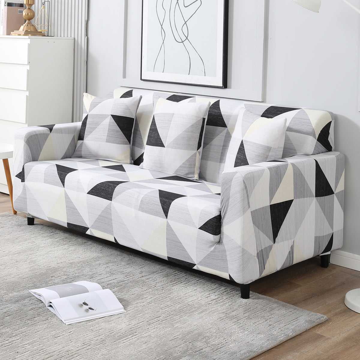 Black Grey Geometric non slip elastic 3 seater sofa cover