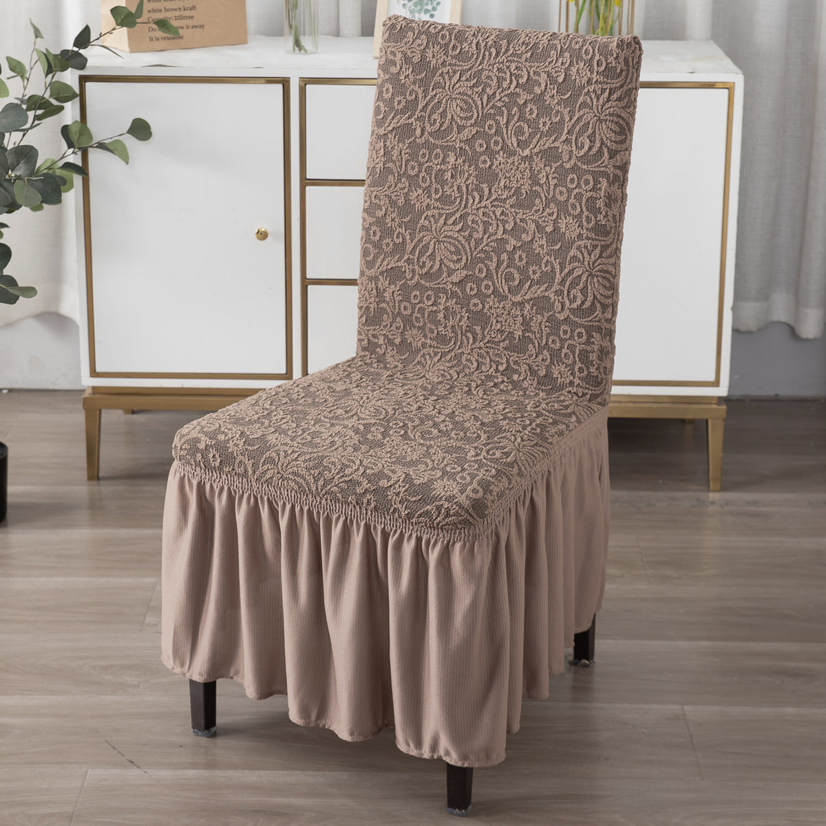 Elastic Stretchable Designer Woven Jacquard Dining Chair Cover with Frill, Light Taupe