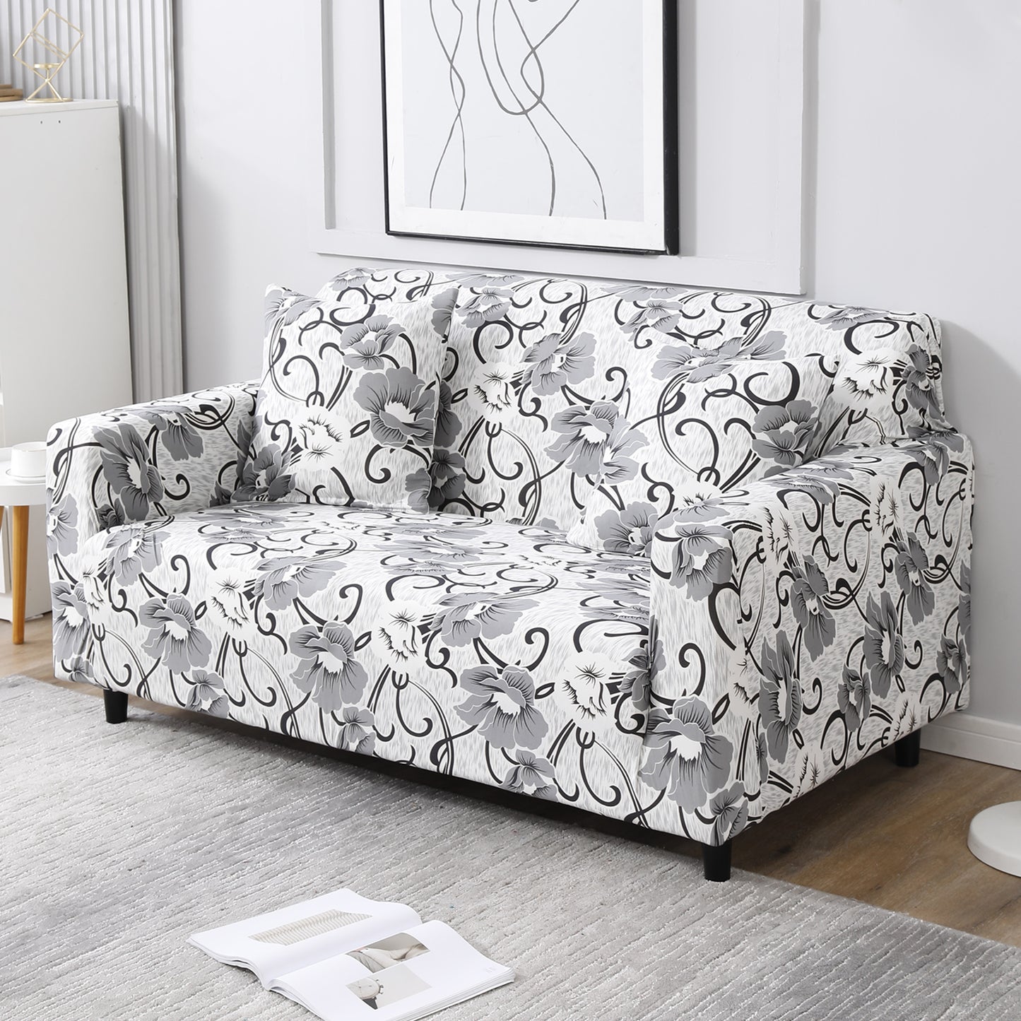 White Grey Flowers Printed stretchable two seater sofa cover