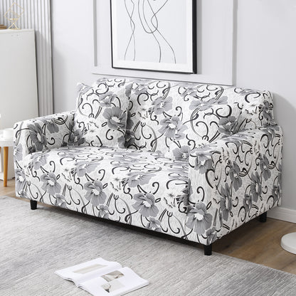 White Grey Flowers Printed stretchable two seater sofa cover