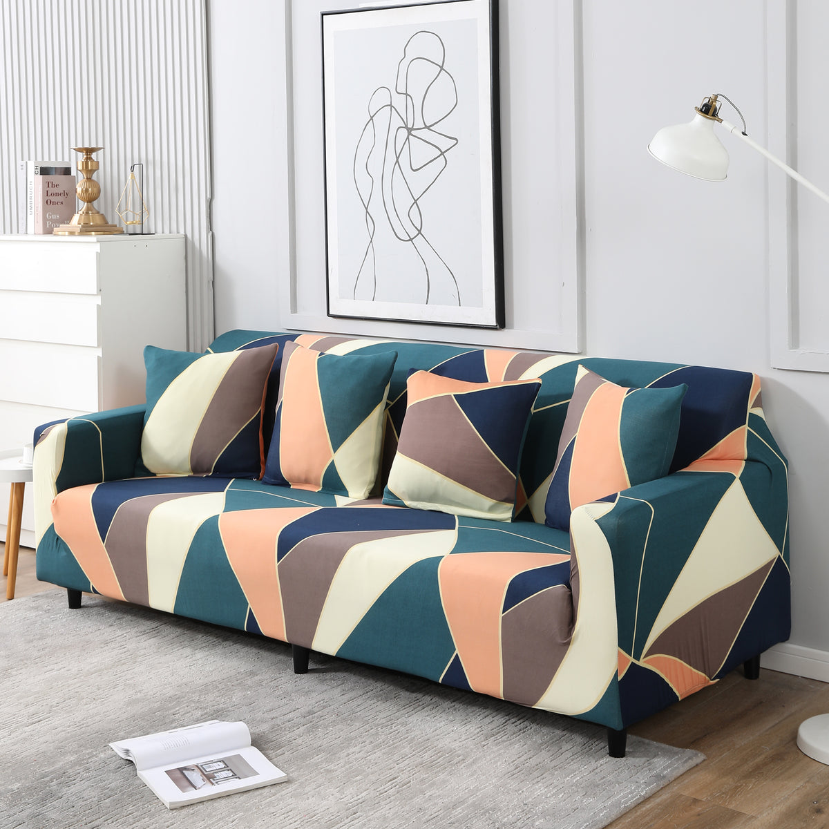 Green Peach Abstract Printed, non slip, Stretchable 4 seater sofa cover​s
