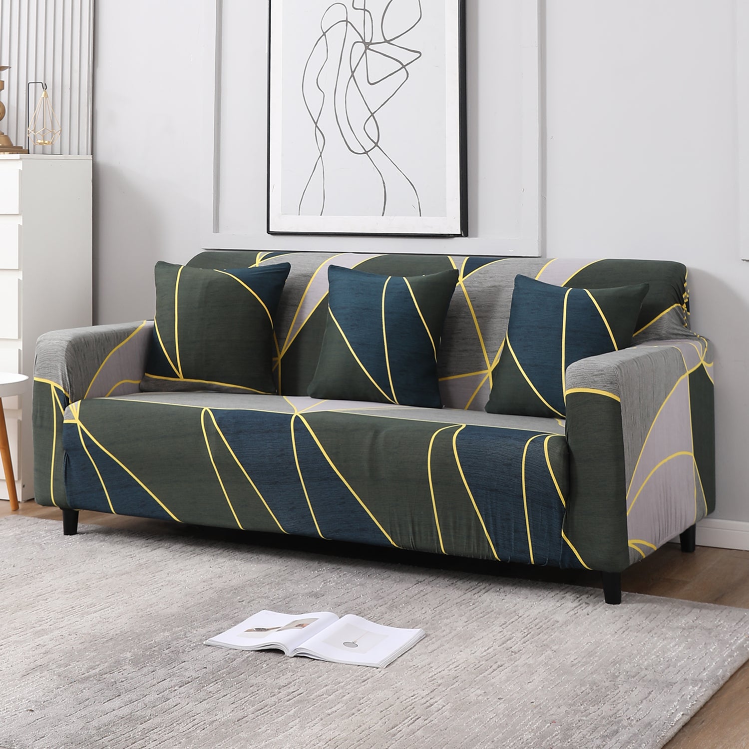 Seaweed Geometric Abstract non slip elastic 3 seater sofa cover