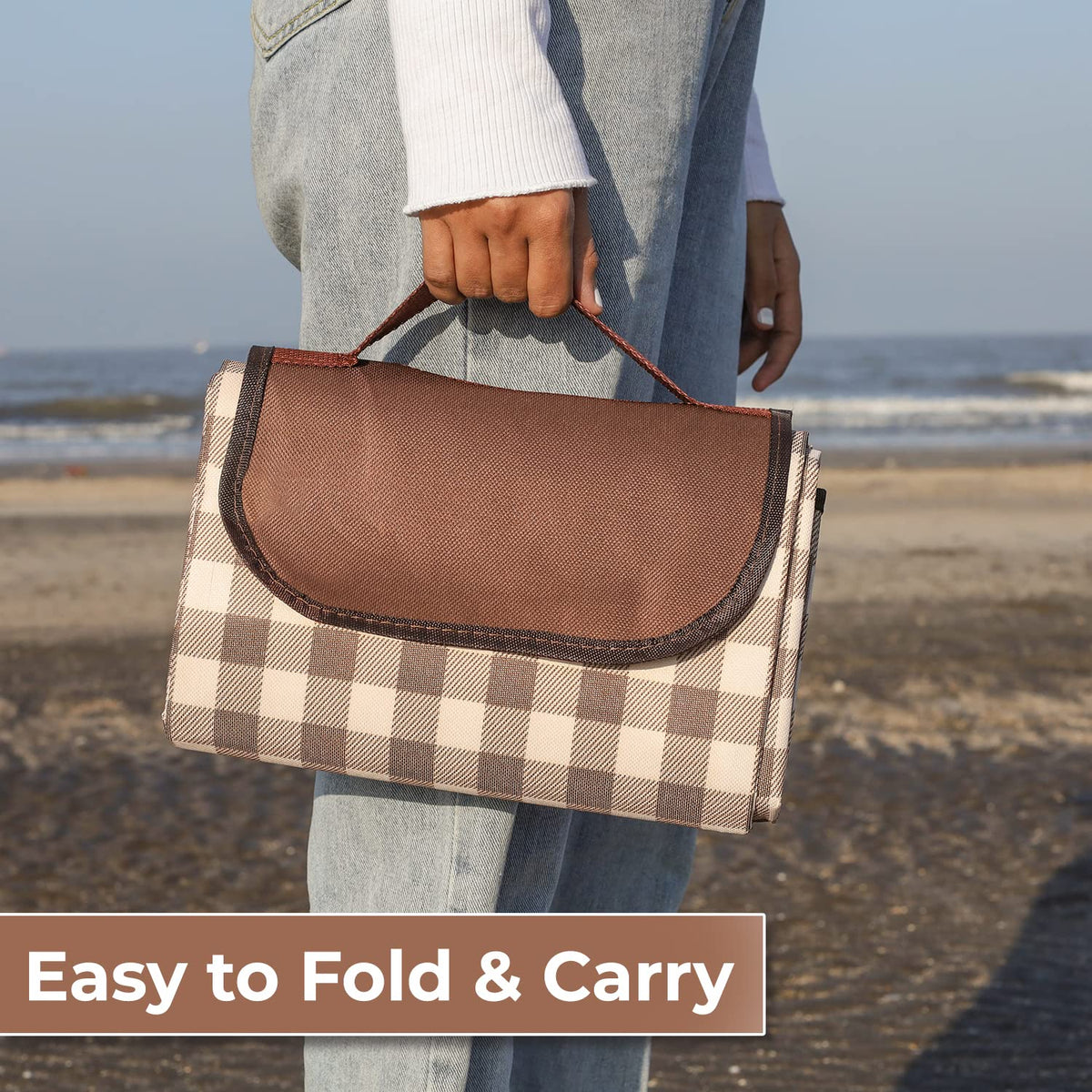 Foldable Waterproof and Sandproof Picnic Mat Blanket, Checks Brown