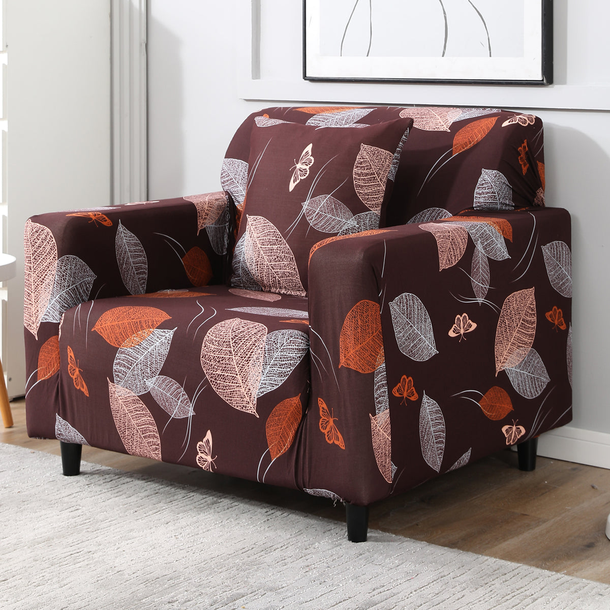 Dark Brown Leaf non slip elastic 1 seater sofa cover​