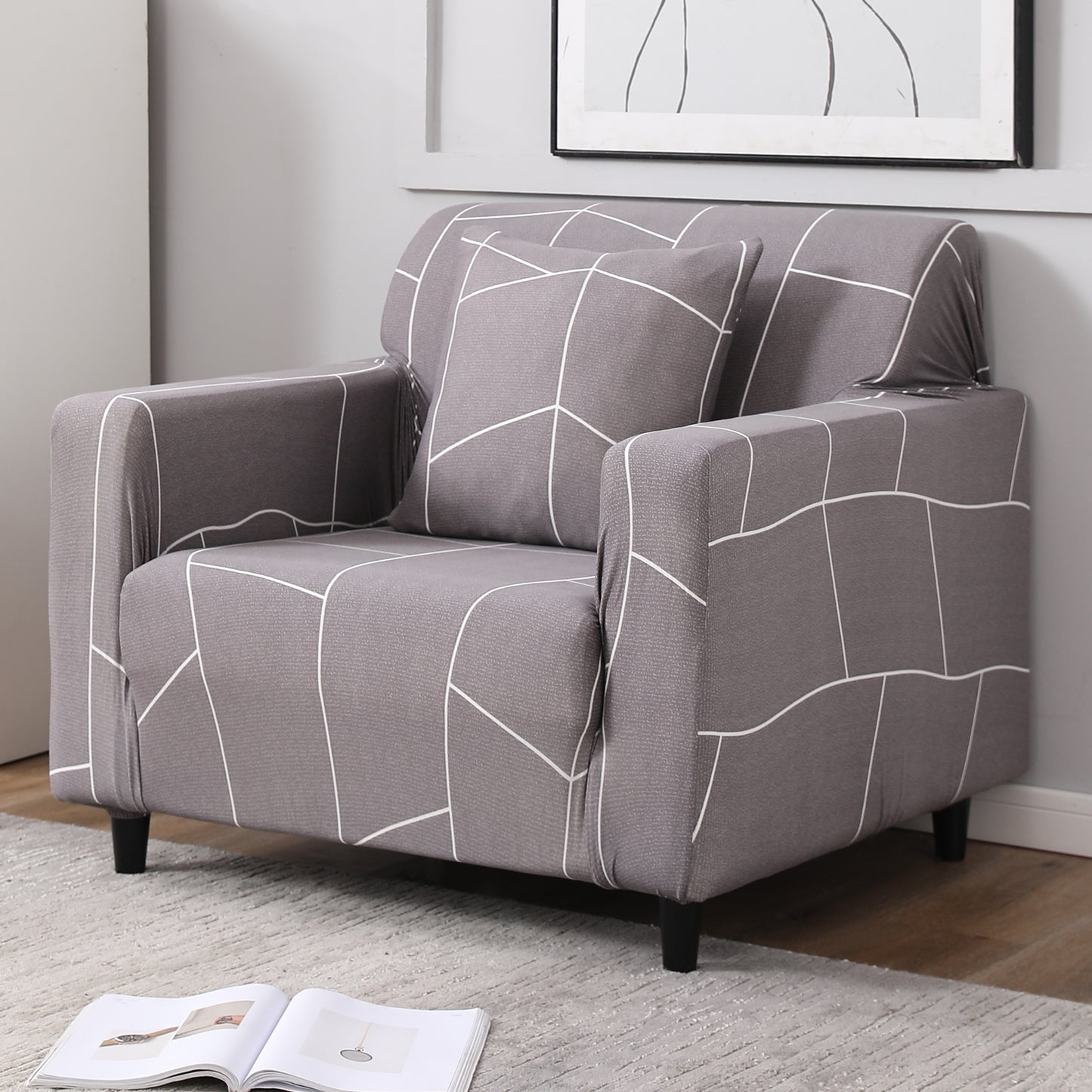 Ash Grey Abstract non slip elastic 1 seater sofa cover​