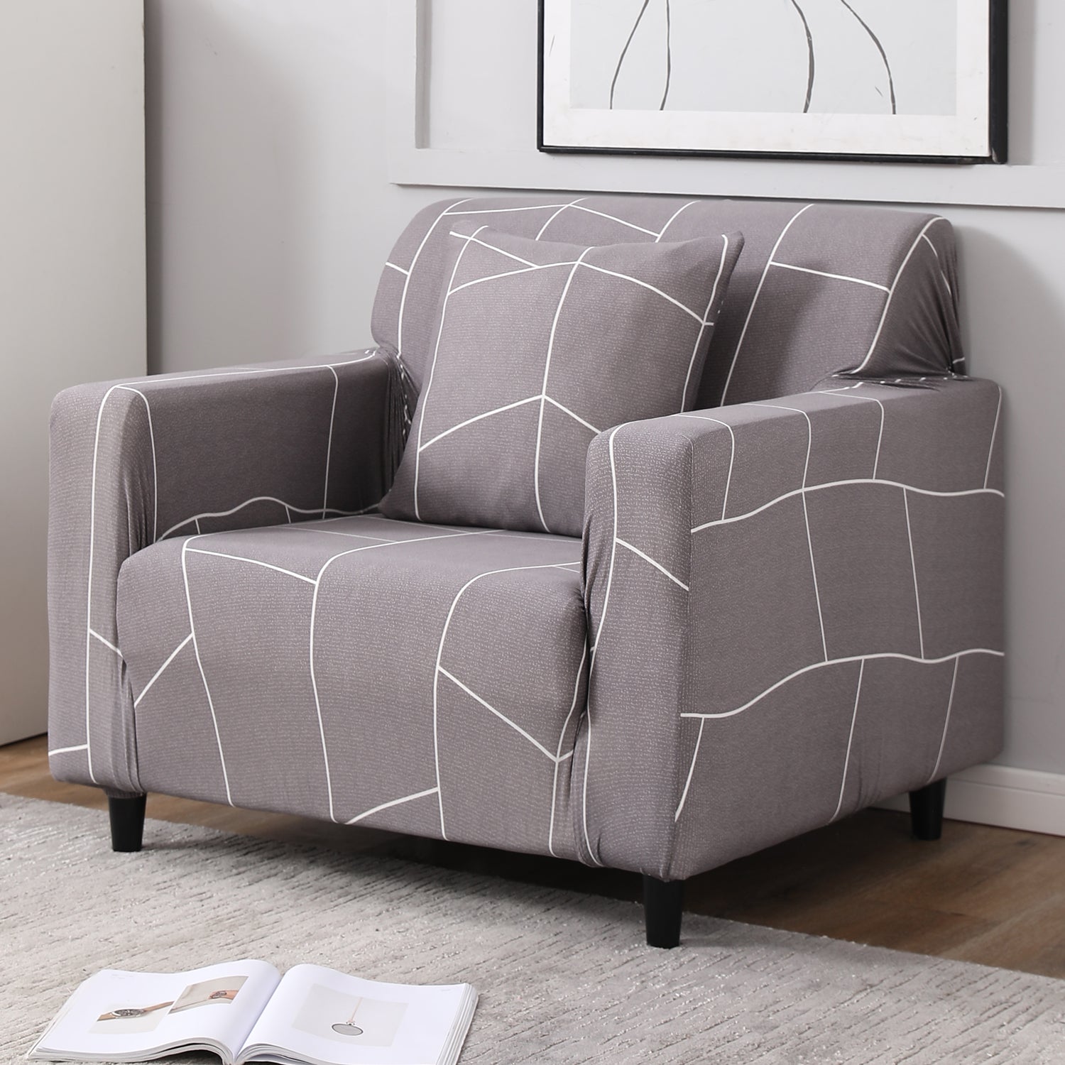 Ash Grey Abstract non slip elastic 1 seater sofa cover​