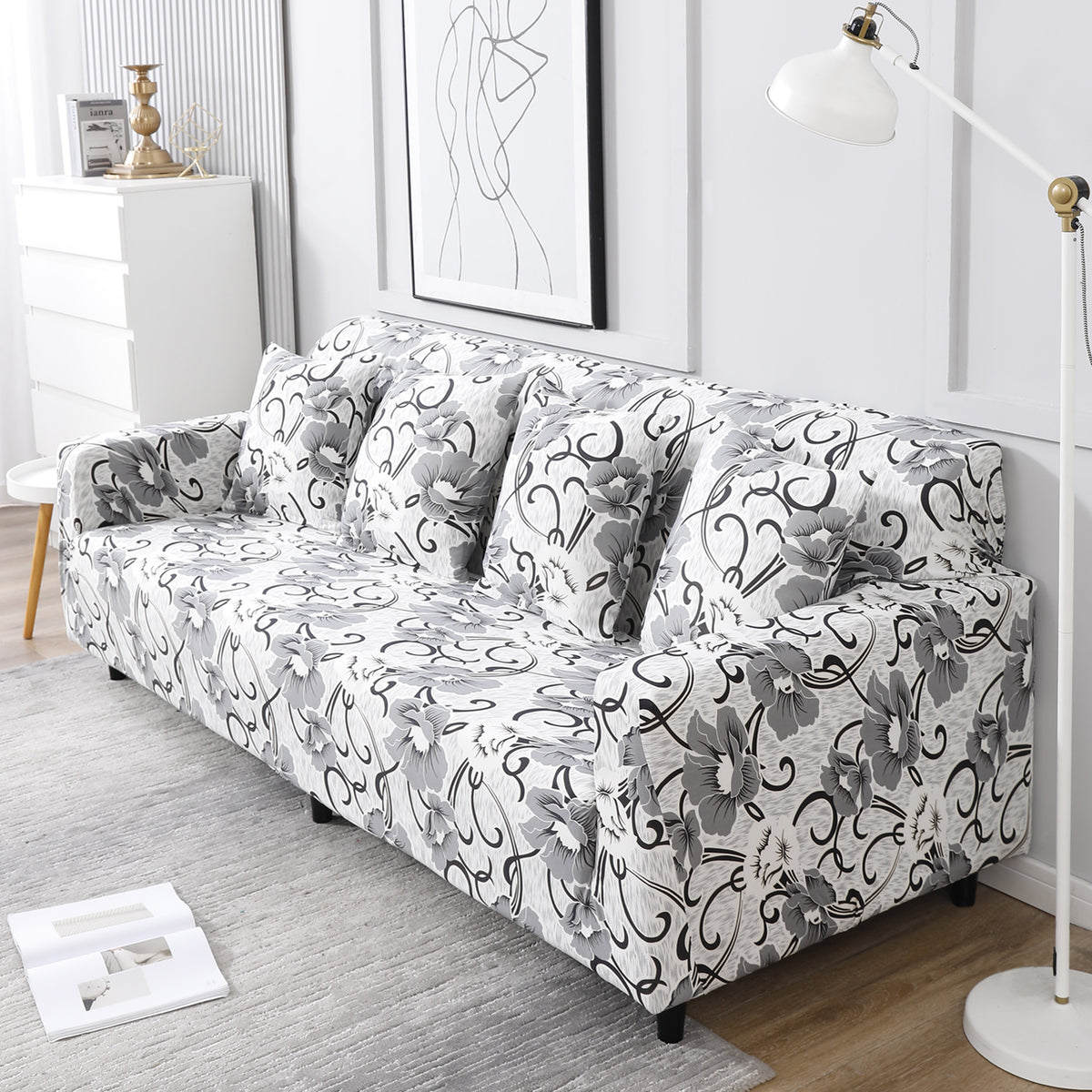 White Grey Flowers Printed, non slip, elastic 4 seater sofa cover​s