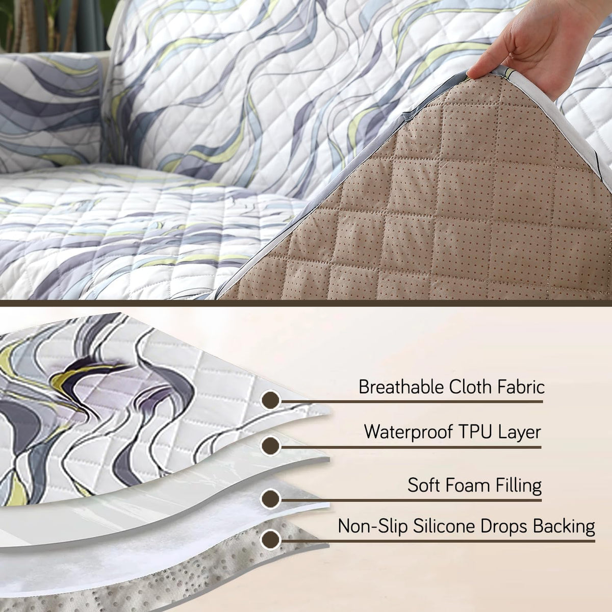 Quilted Waterproof Sofa Cover Mat with Pockets on Armrest Cover - Curved Lines Pearl White