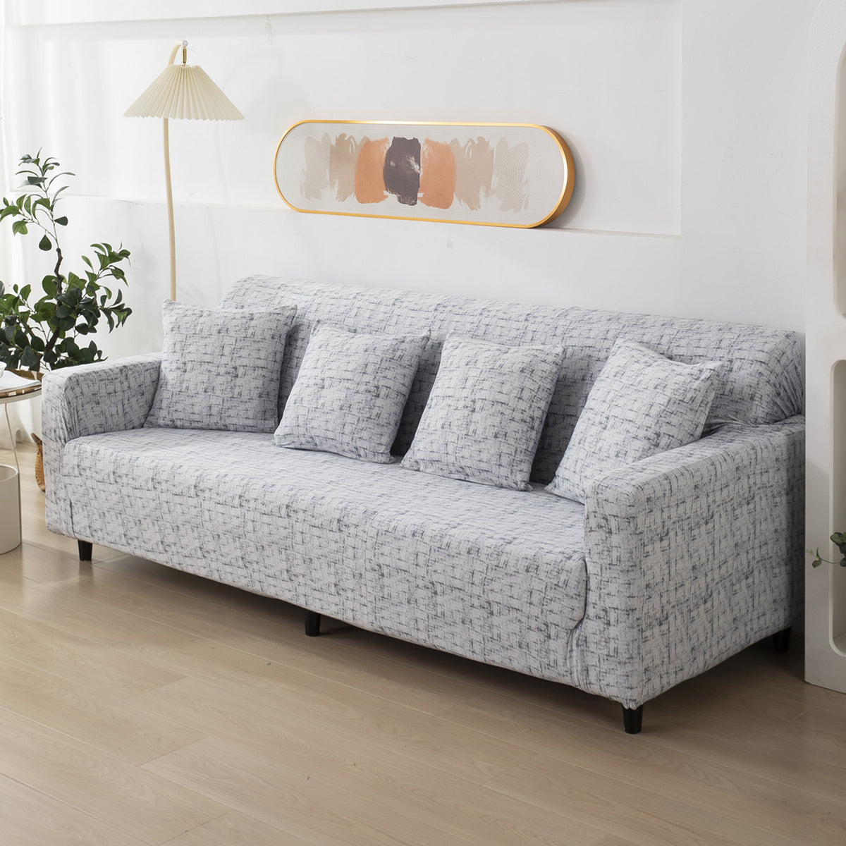 Abstract Grey Lines Printed, non slip, Stretchable 4 seater sofa cover​s