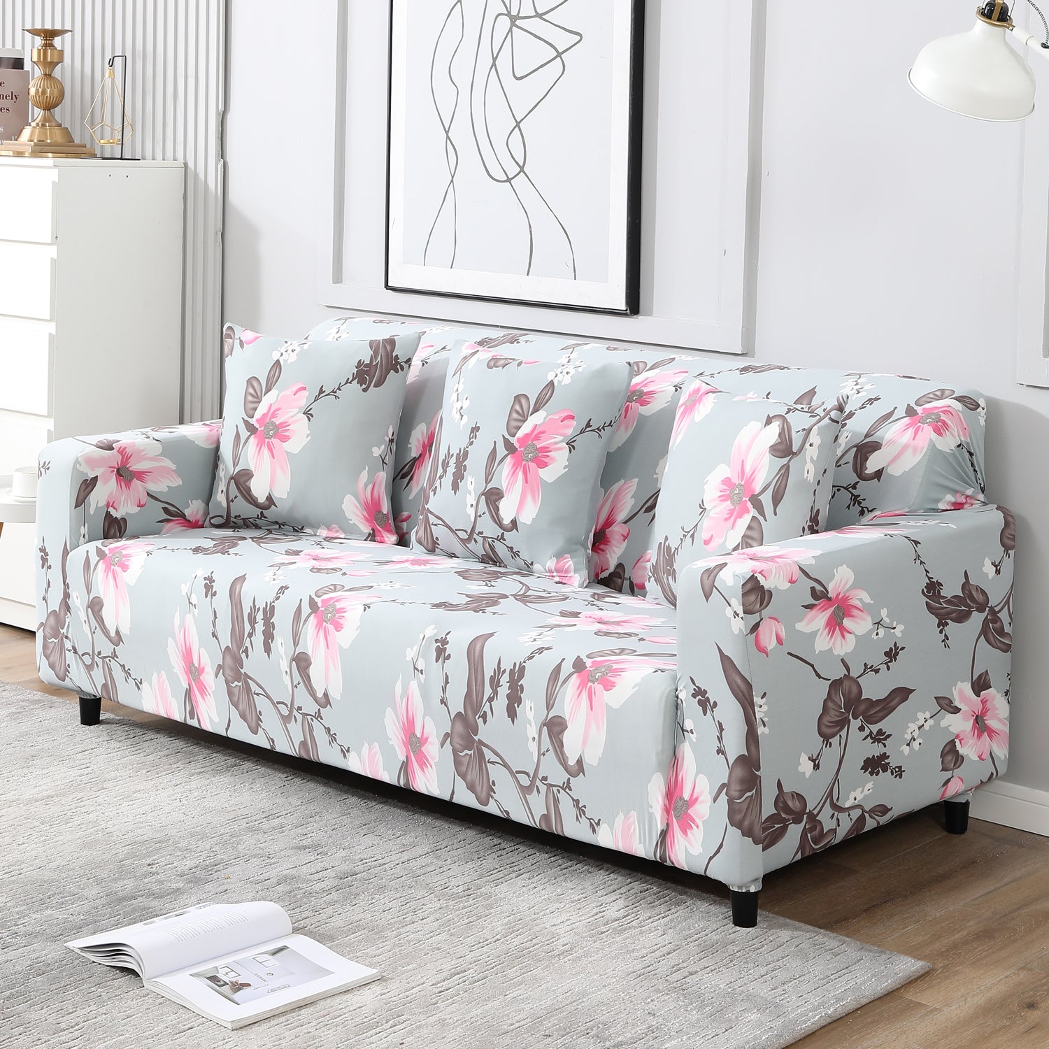 Bluish Grey  Printed non slip elastic 3 seater floral sofa cover