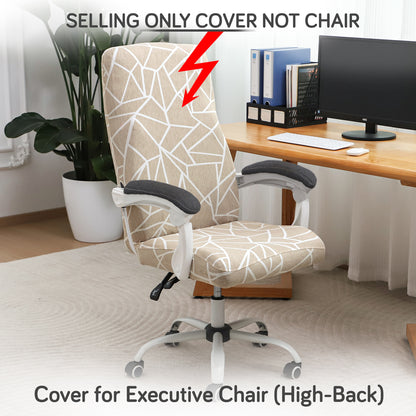 Printed Office Chair Cover for Executive Chair (High-Back) – 140 GSM Stretchable Fabric – Washable & Anti-Slip – Fits Big & Tall Office Chairs, Beige Abstract Geometry