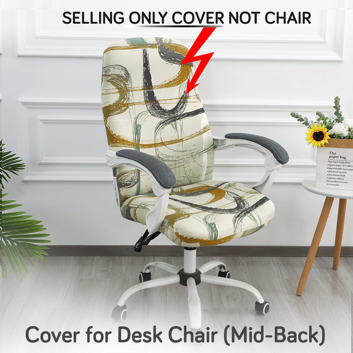 Printed Office Chair Cover for Desk Chair (Mid-Back) – 140 GSM Stretch Fabric – Durable & Anti-Slip – Fits Mid-Back Office Chairs, Parchement Beige Abstract Art - Medium