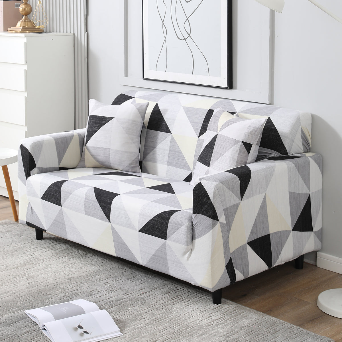 Black Grey Geometric non slip elastic 2 seater sofa cover
