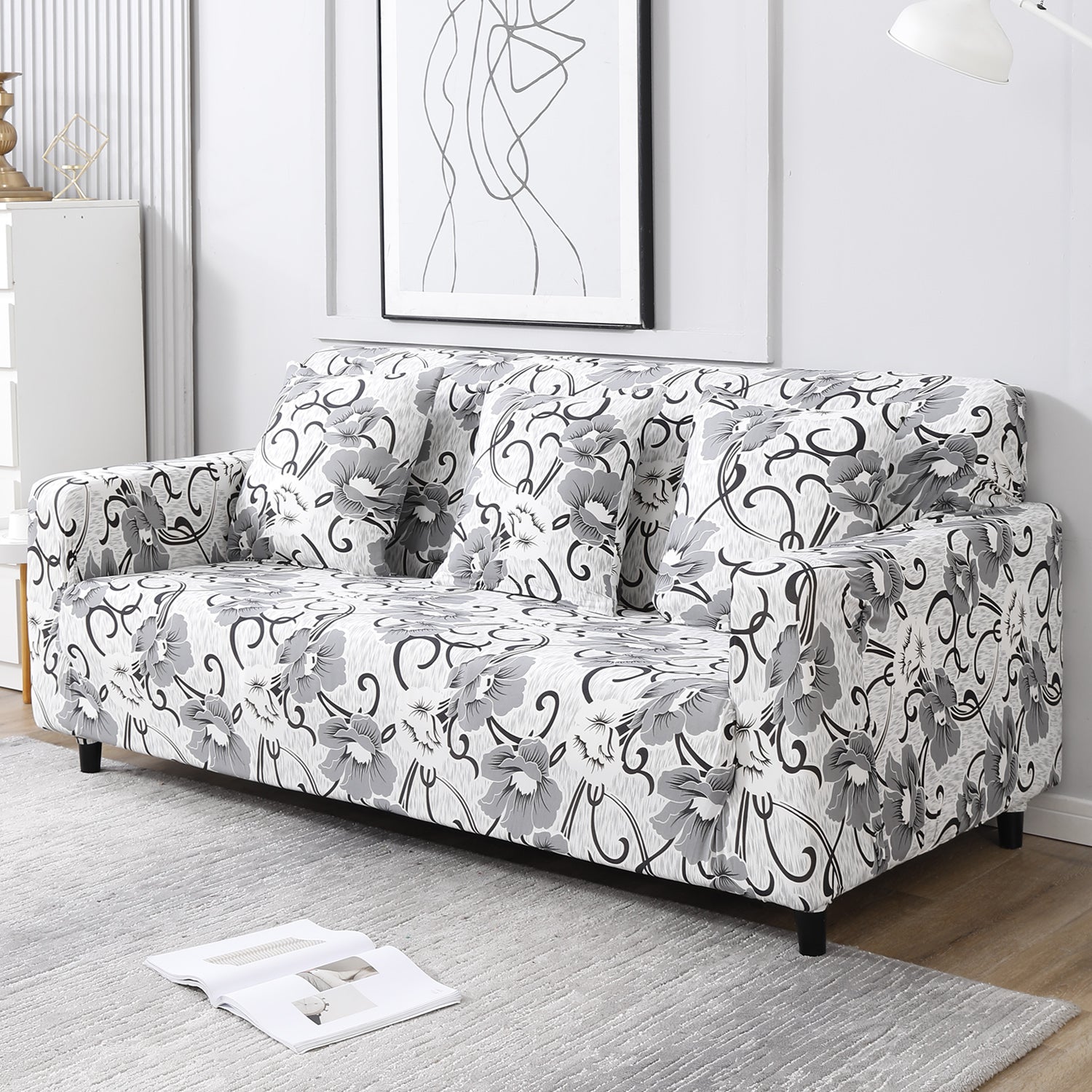 White Grey Flowers Printed non slip elastic 3 seater sofa cover