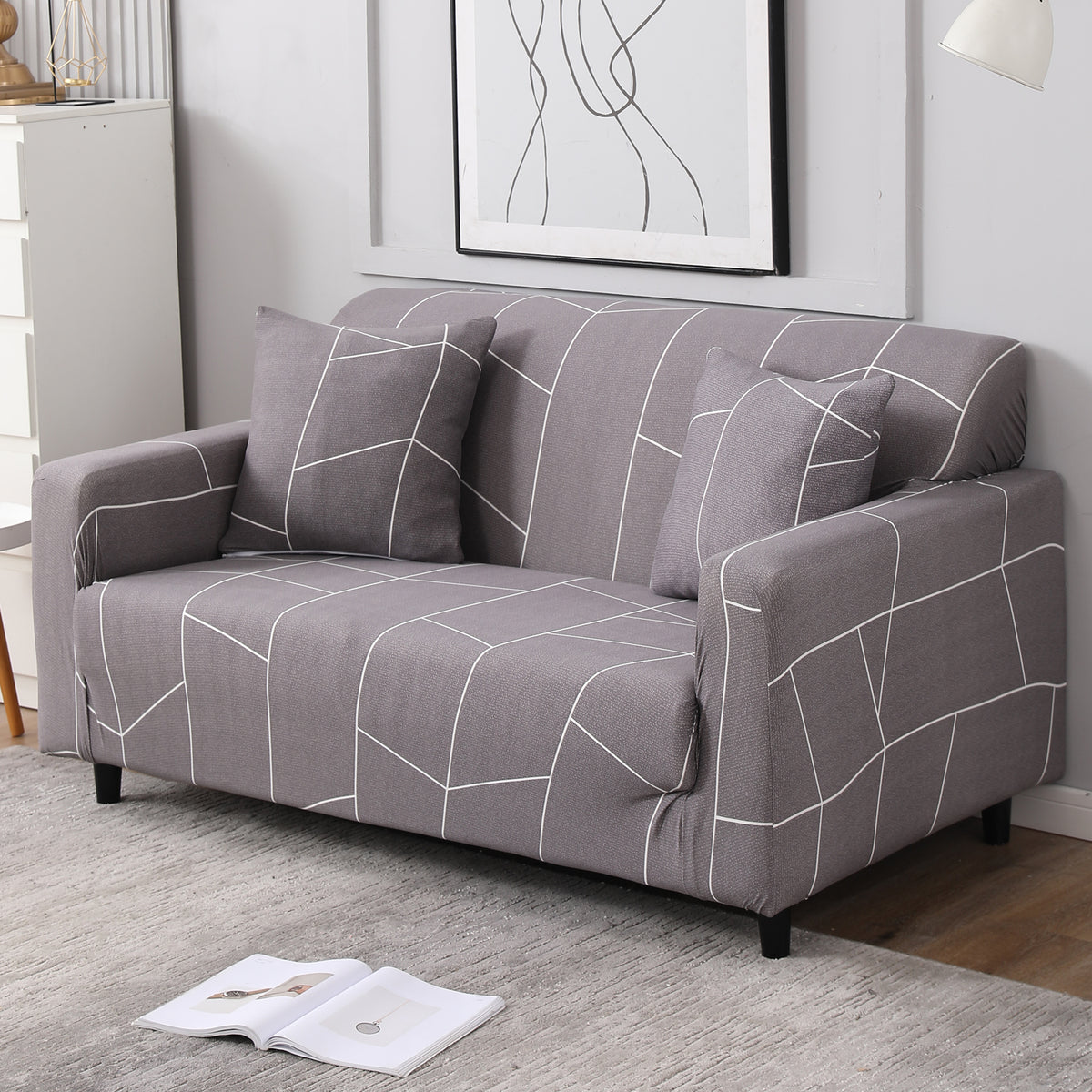 Ash Grey Abstract stretchable two seater sofa cover
