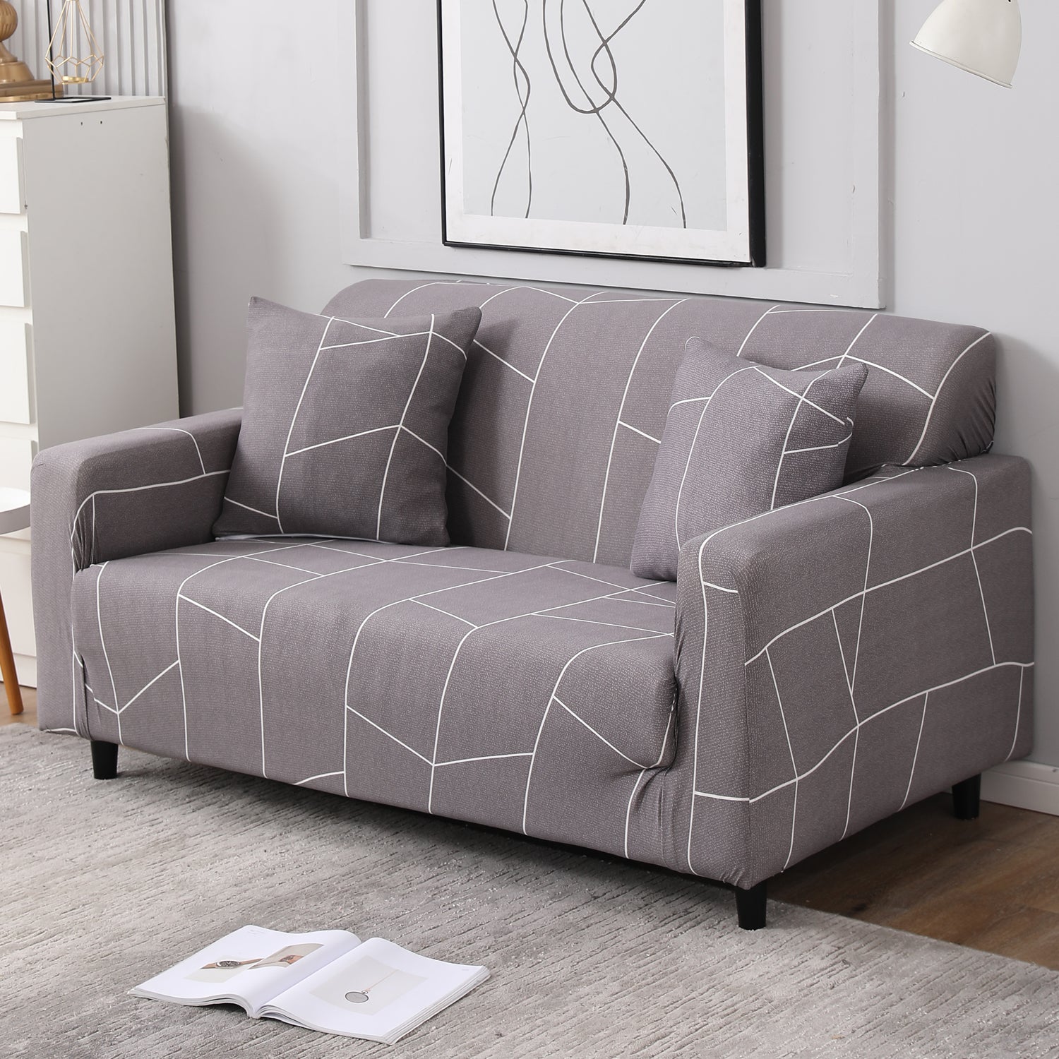 Ash Grey Abstract stretchable two seater sofa cover
