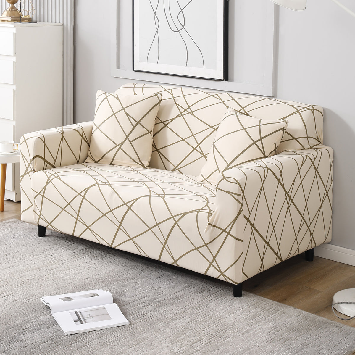 Beige Abstarct Lines Print non slip elastic 2 seater sofa cover