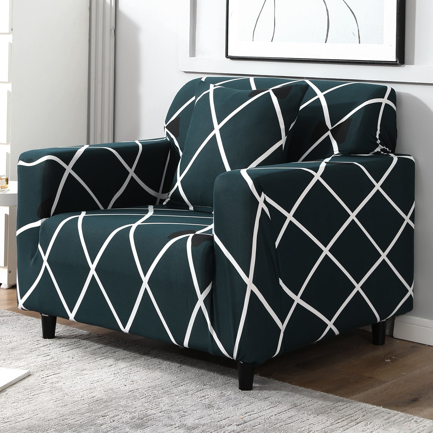 Teal Diamond non slip elastic 1 seater sofa cover​