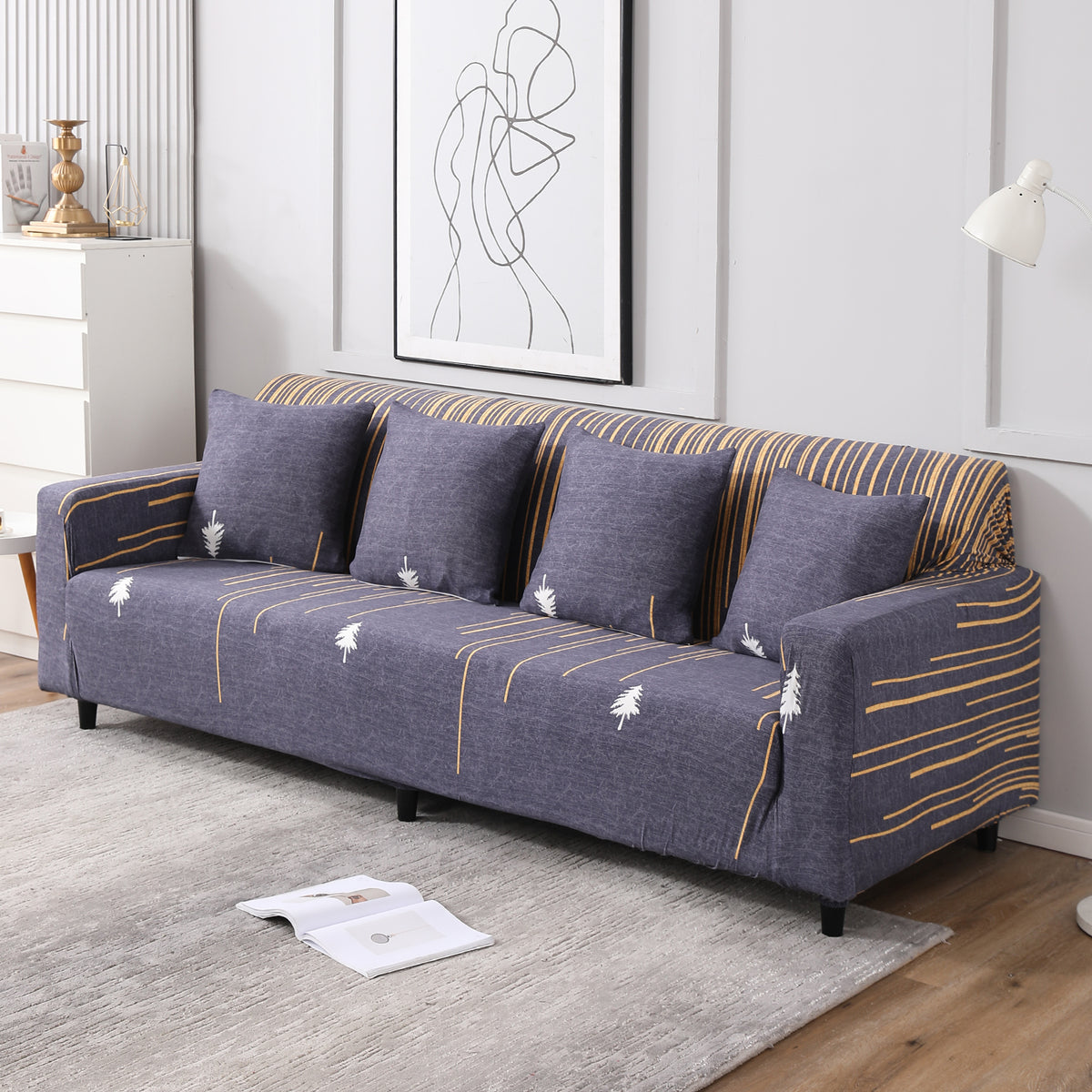 Midnight Blue Lines, non slip, Stretchable 4 seater sofa cover​s