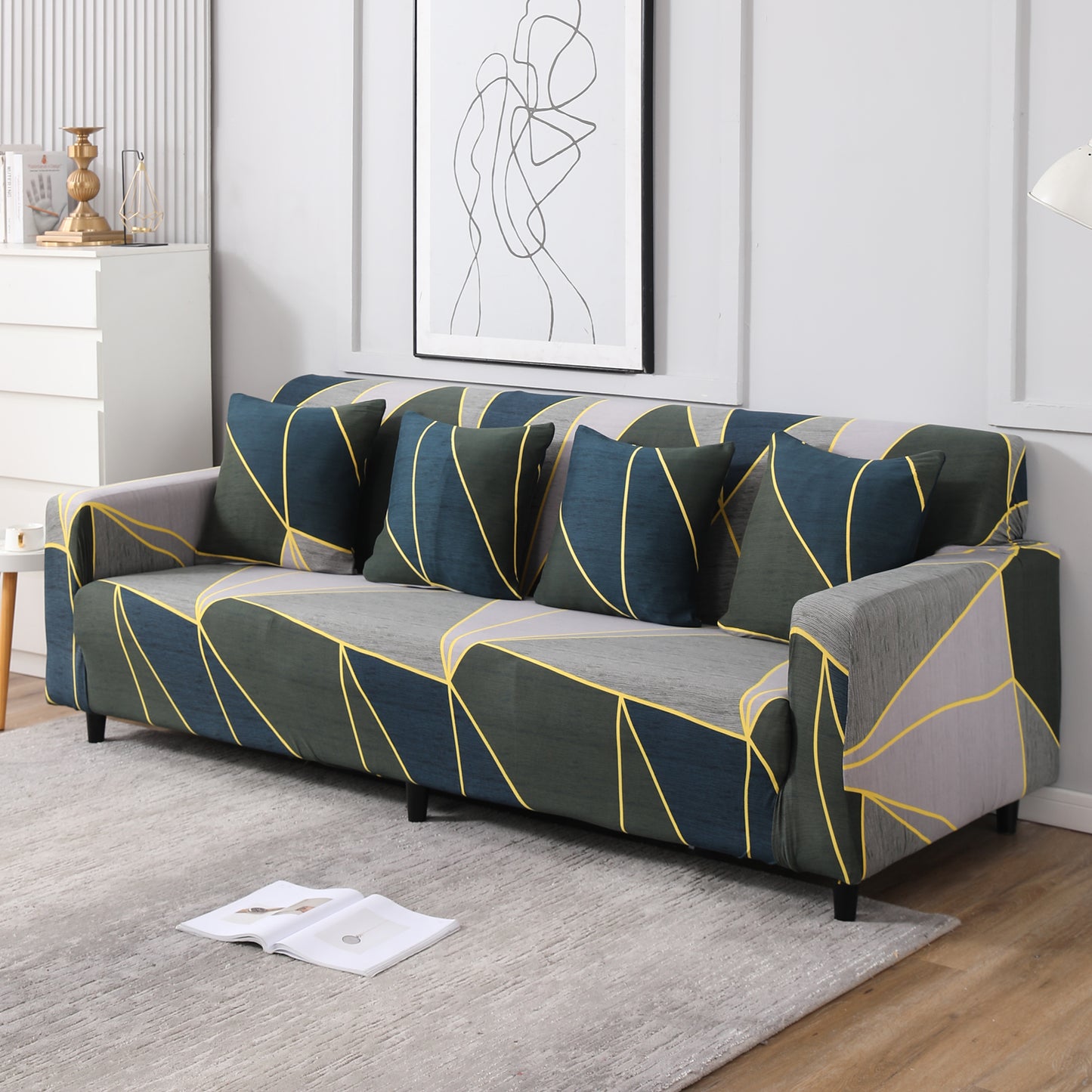 Seaweed Geometric Abstract, non slip, elastic 4 seater sofa cover​s