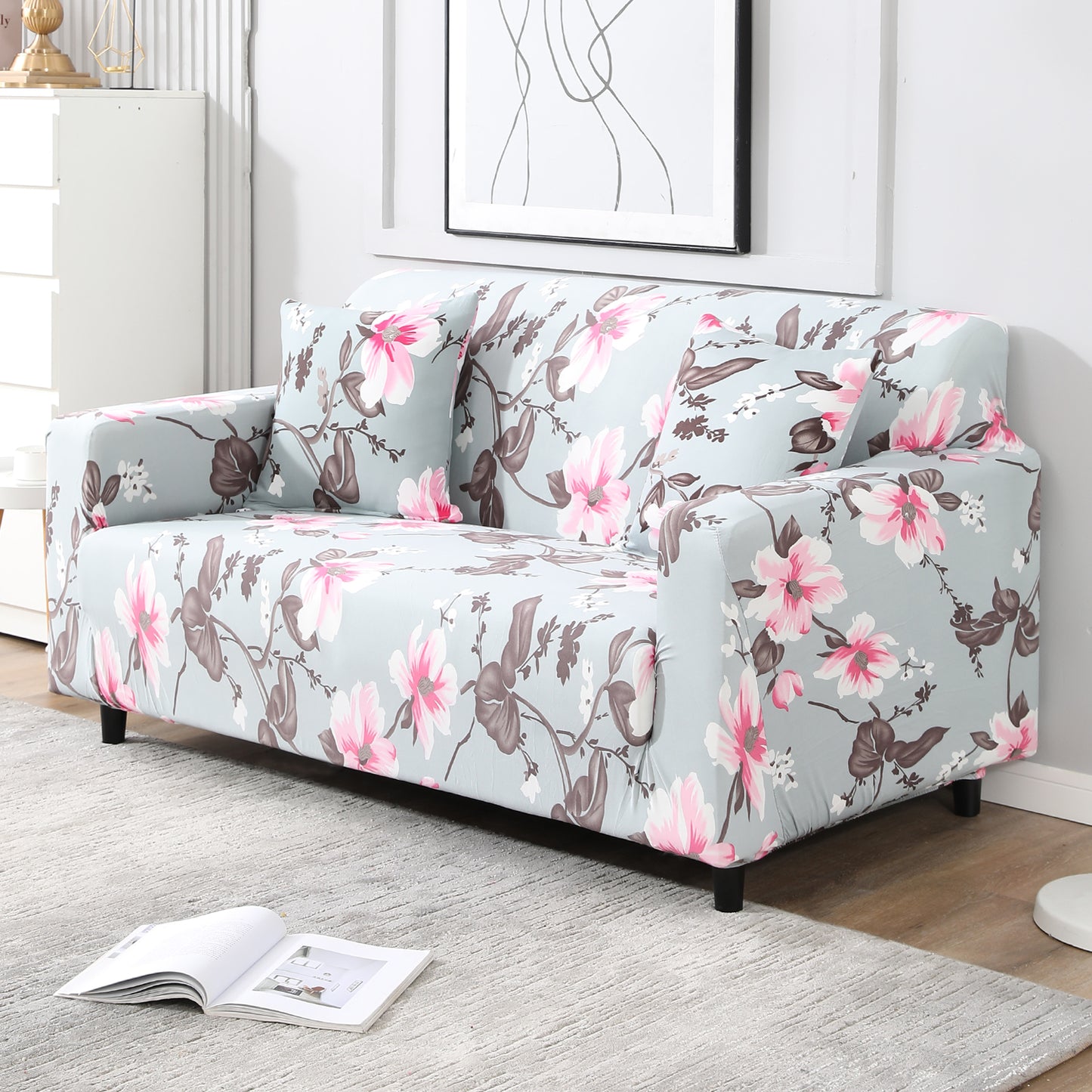 Bluish Grey floral  Printed stretchable two seater sofa cover